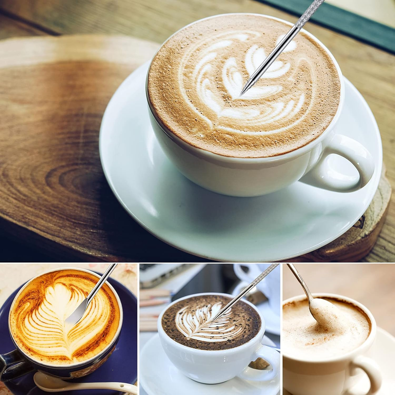 Collage von Kaffeetassen mit Latte Art. Ein Werkzeug wird zur Erstellung der Kunst verwendet. Braune und weiße Farben dominieren die Bilder.