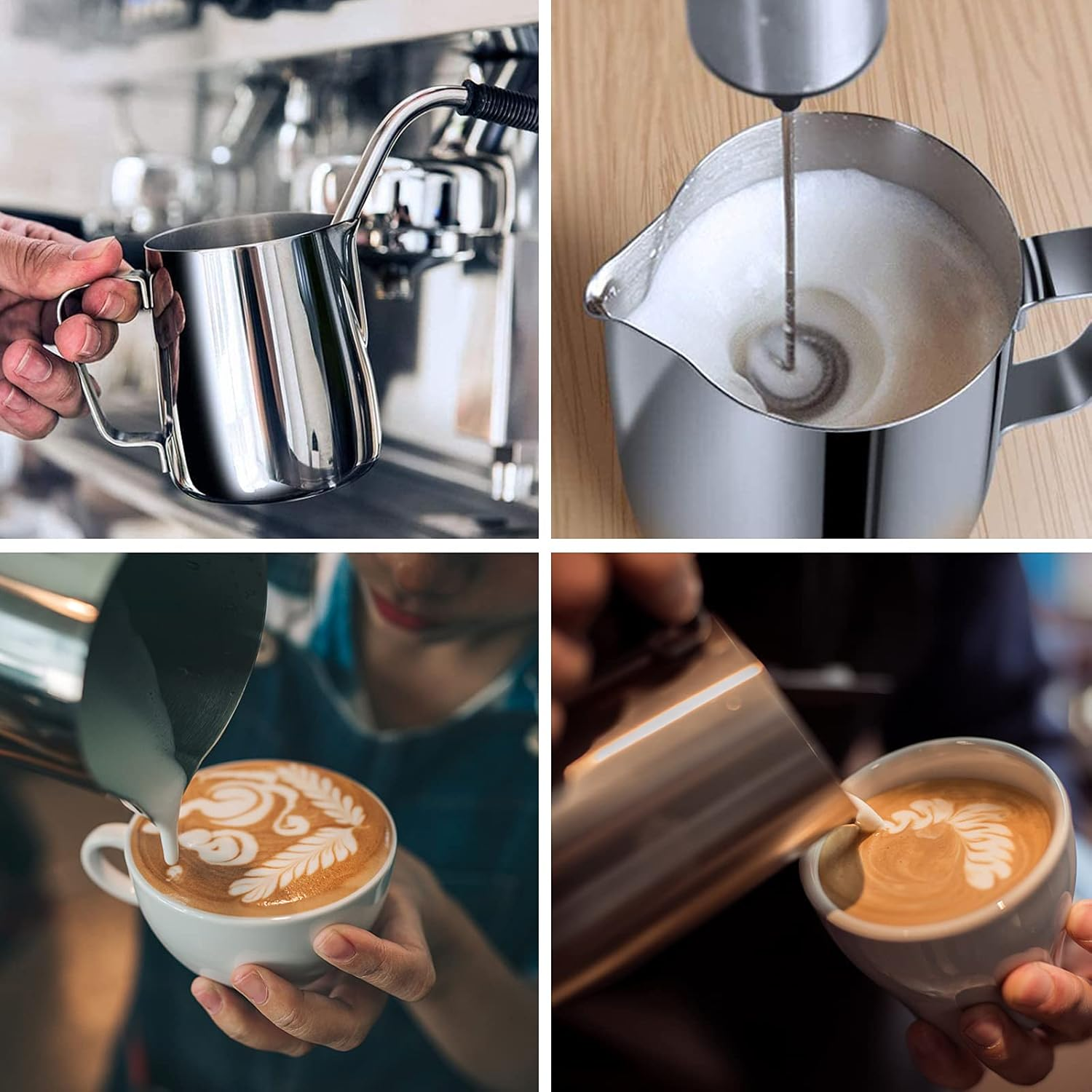 Vier Bilder zeigen die Kaffeezubereitung: Milch aufschäumen, Latte Art erstellen und Milch in eine Tasse gießen, alles in einem Café.