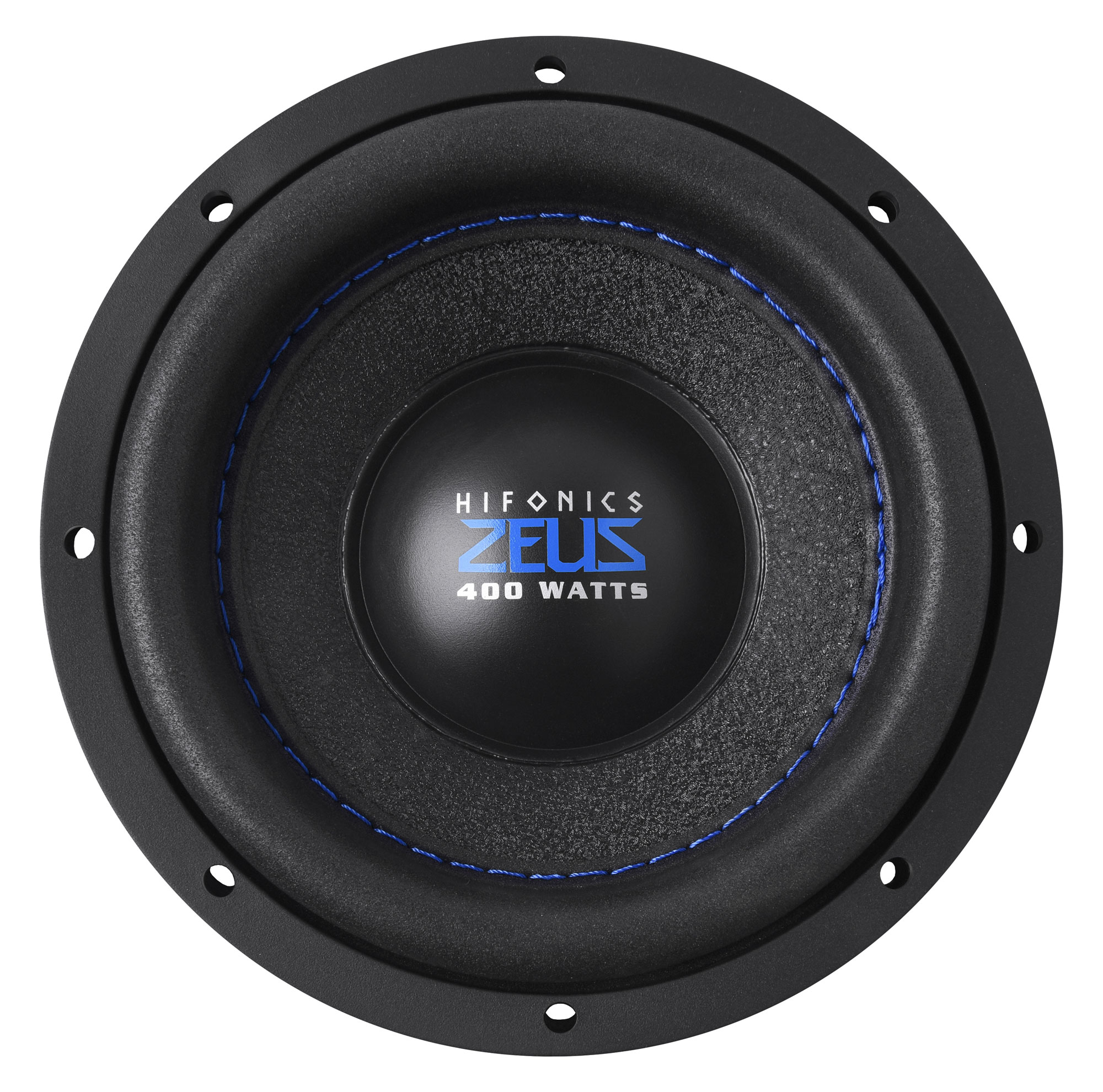 Schwarzer Subwoofer mit blauen Nähten und einer zentralen schwarzen Scheibe mit weißem Text: Hifonics Zeus 400 Watt.