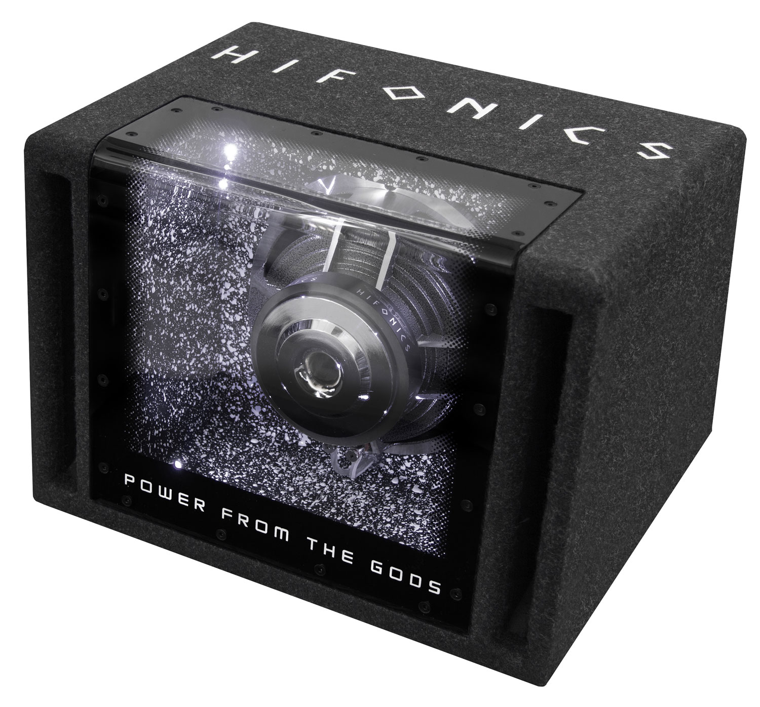 Schwarze Subwoofer-Box mit 'HIFONICS' oben. Sie hat einen sichtbaren Lautsprecher und den Text 'POWER FROM THE GODS' vorne.