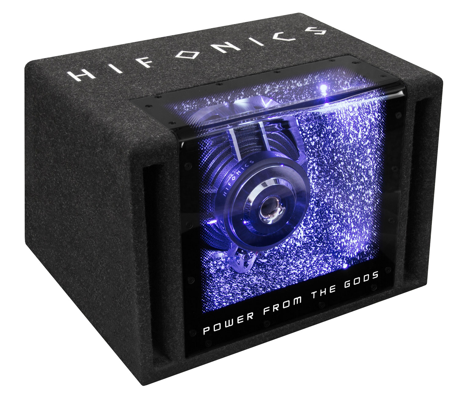 Schwarze Subwoofer-Box mit 'HIFONICS' oben. Der Lautsprecher ist durch eine transparente Platte mit blauen Lichteffekten sichtbar.