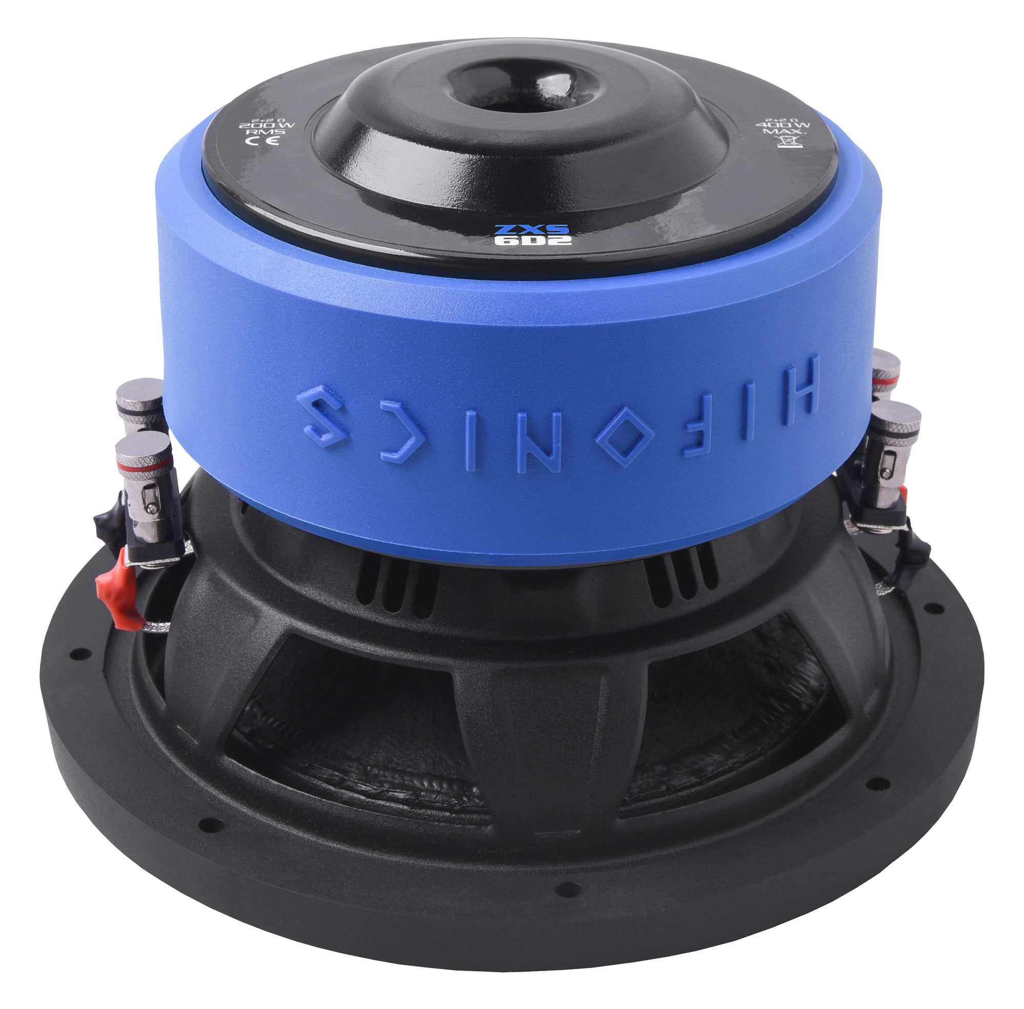 Nahaufnahme eines Subwoofer-Lautsprechers mit blauem Ring und dem Wort HIFONICS. Schwarze und metallische Details sind sichtbar.