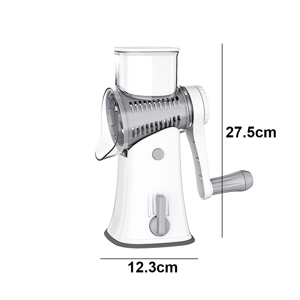 Ein weißer und grauer Rotations-Lebensmittelreibe. Abmessungen: 12,3 cm breit und 27,5 cm hoch. Griff und Klingen sichtbar. Transparente Kammer.