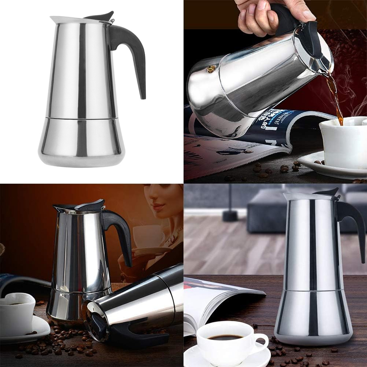 Ein metallener Kaffeezubereiter wird in verschiedenen Umgebungen gezeigt. Kaffee wird in eine Tasse gegossen. Kaffeebohnen und Tassen sind ebenfalls vorhanden.