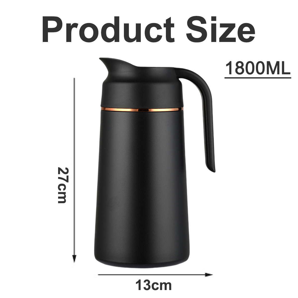 Eine schwarze Thermoskanne mit Griff, 1800 ml Fassungsvermögen, 27 cm Höhe und 13 cm Breite, Produktgrößenetikett.