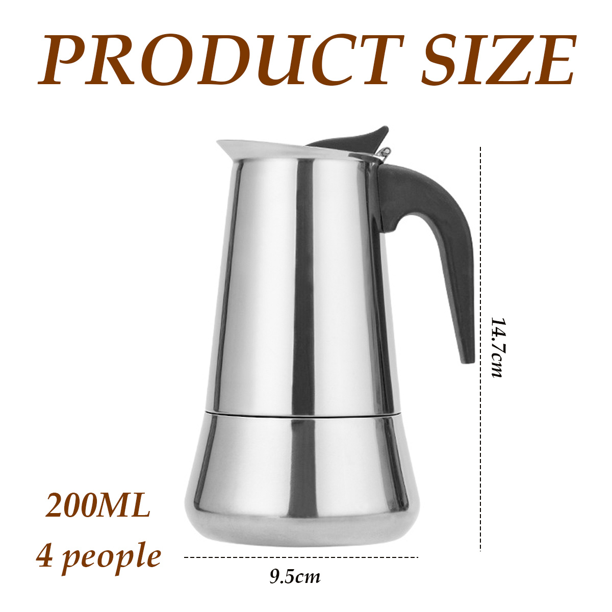 Ein Edelstahl-Kaffeebereiter mit schwarzem Griff. Er ist mit 200 ml, für 4 Personen, mit den Maßen 9,5 cm x 14,7 cm beschriftet.