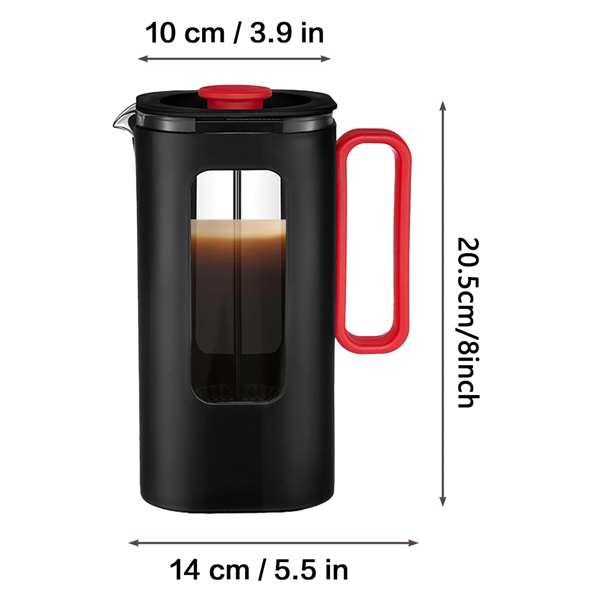 Eine schwarze French Press mit rotem Griff und Deckel, Kaffee im Inneren, mit Maßangaben.