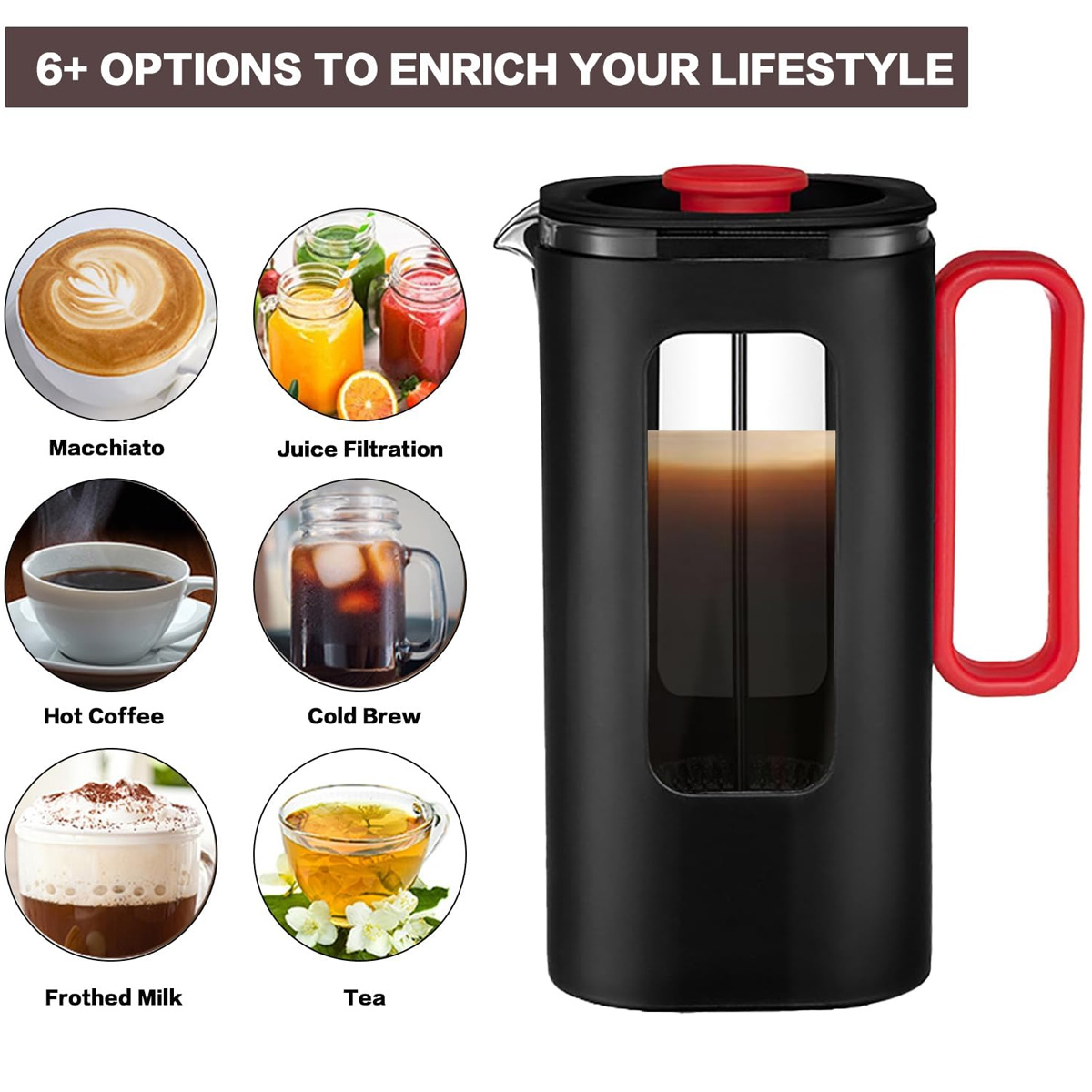 Eine French Press mit Kaffeeoptionen: Macchiato, Saft, heißer Kaffee, Cold Brew, aufgeschäumte Milch und Tee. Die Presse ist schwarz mit rotem Griff.