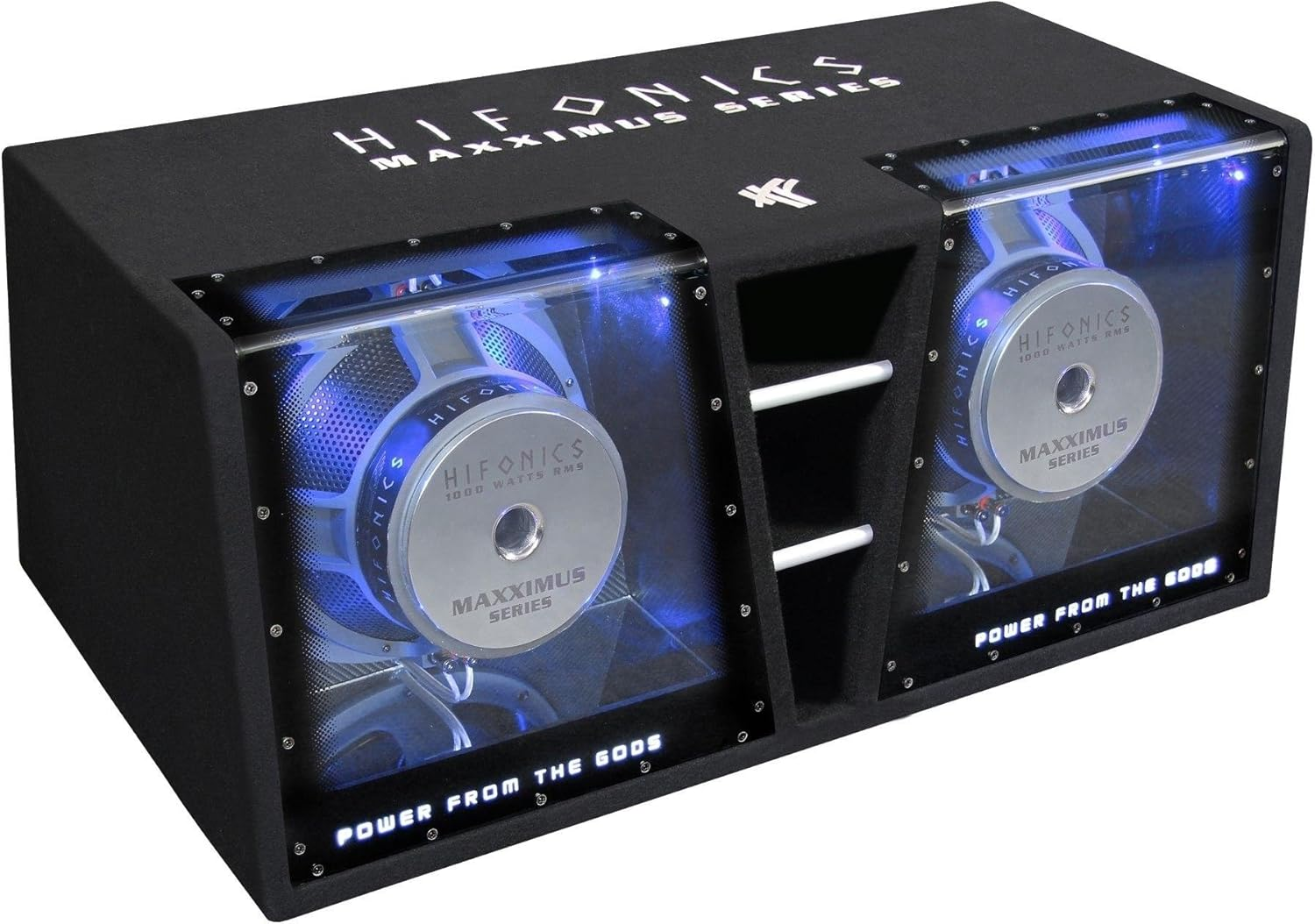Schwarze Subwoofer-Box mit zwei Lautsprechern. Jeder Lautsprecher ist durch eine transparente Platte sichtbar, die blau beleuchtet ist.