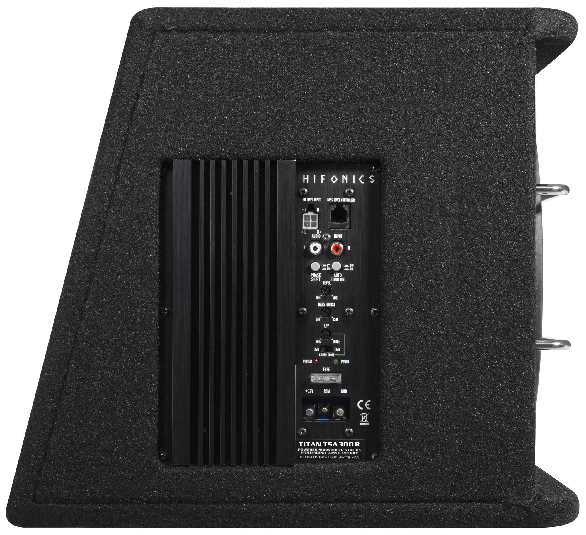 Schwarzer Subwoofer mit Bedienfeld. Verfügt über Eingänge, Pegelregler und eine Sicherung. Die Marke ist Hifonics.
