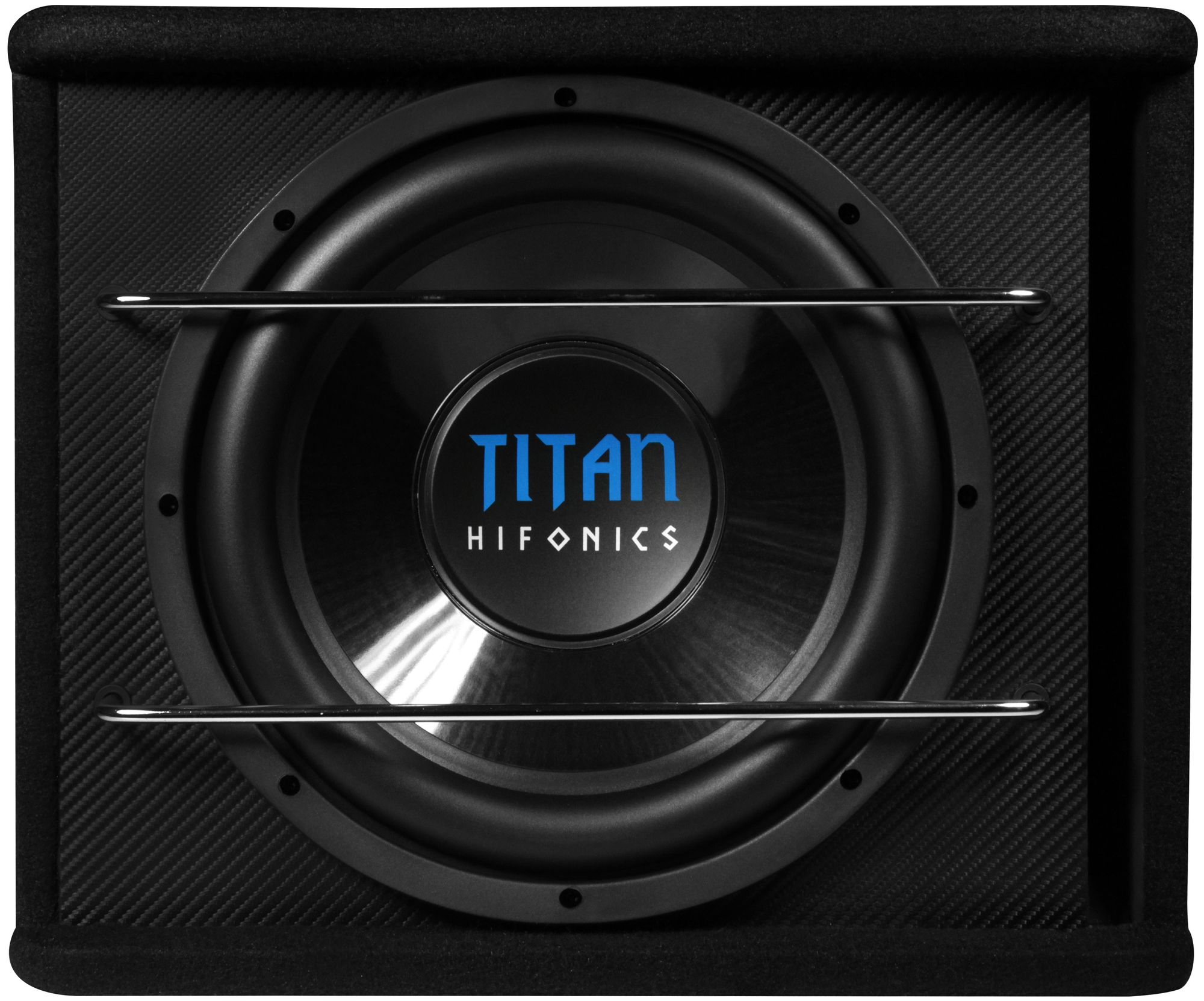 Ein schwarzer Subwoofer mit silbernem Gitter. In der Mitte steht blau das Wort 'TITAN' und darunter 'HIFONICS'.