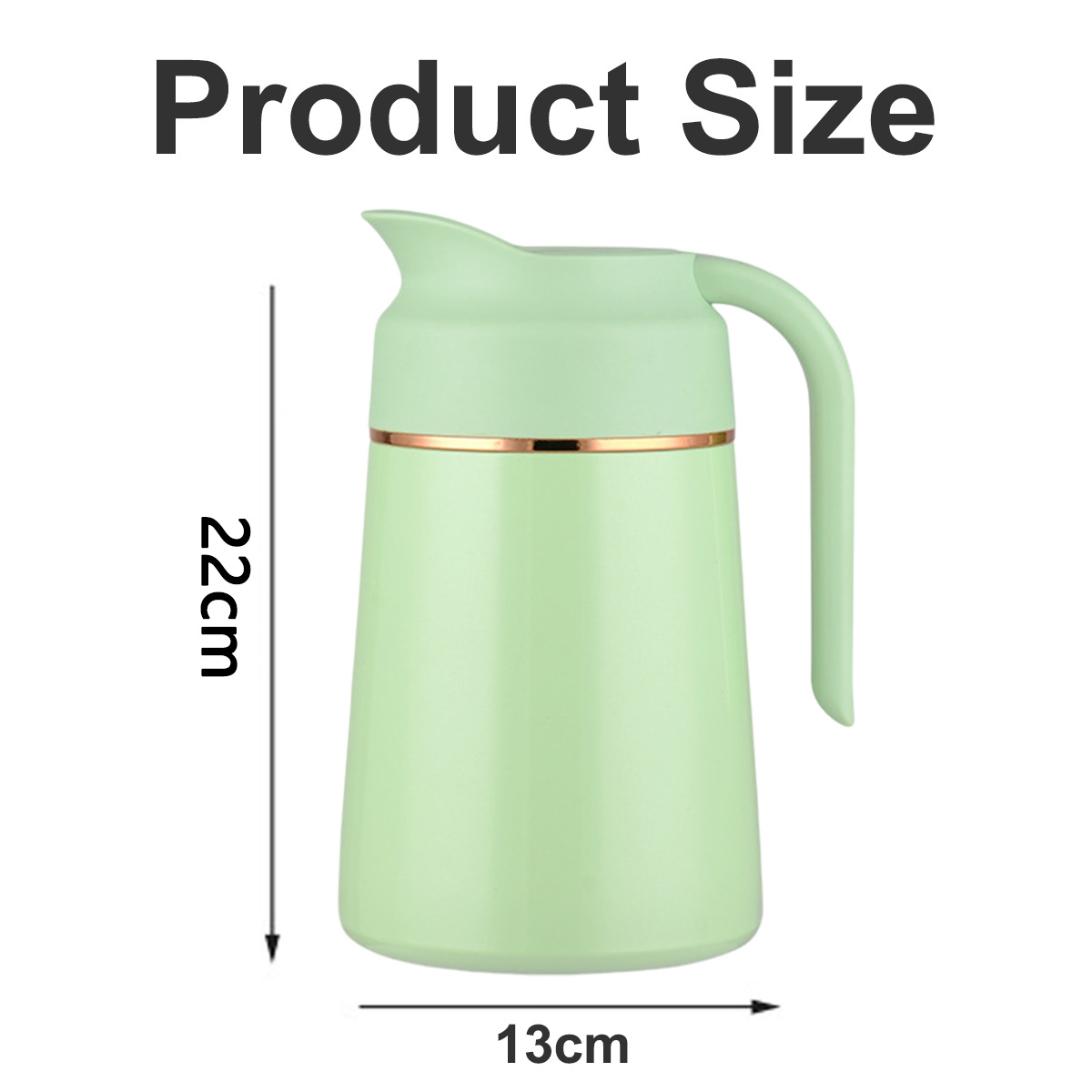 Ein hellgrüner Krug mit Griff. Die Größe ist 22 cm hoch und 13 cm breit. Der Text 'Produktgröße' steht oben.