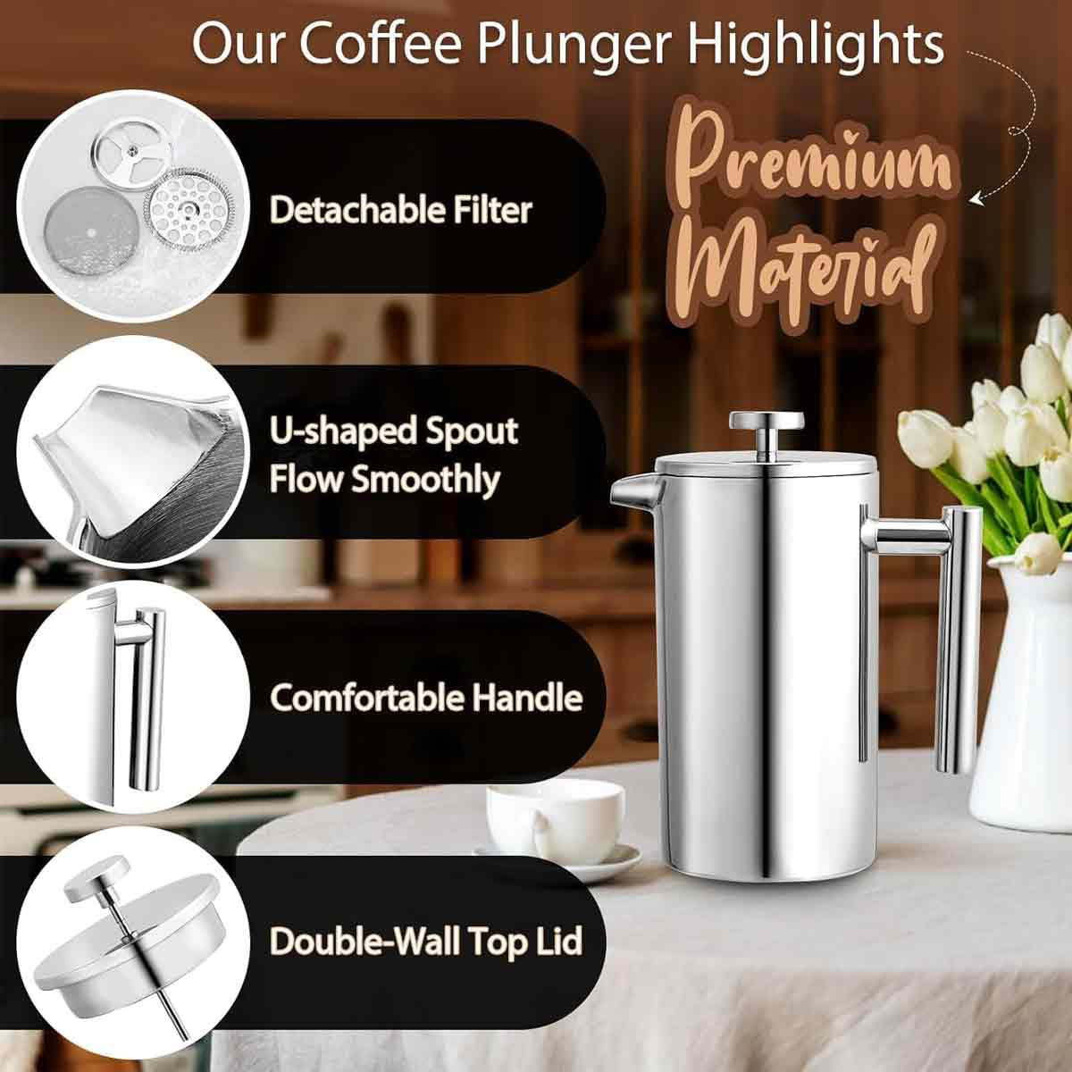 Ein Edelstahl-Kaffeebereiter mit hervorgehobenen Merkmalen. Abnehmbarer Filter, U-förmiger Ausguss, komfortabler Griff und doppelwandiger Deckel.