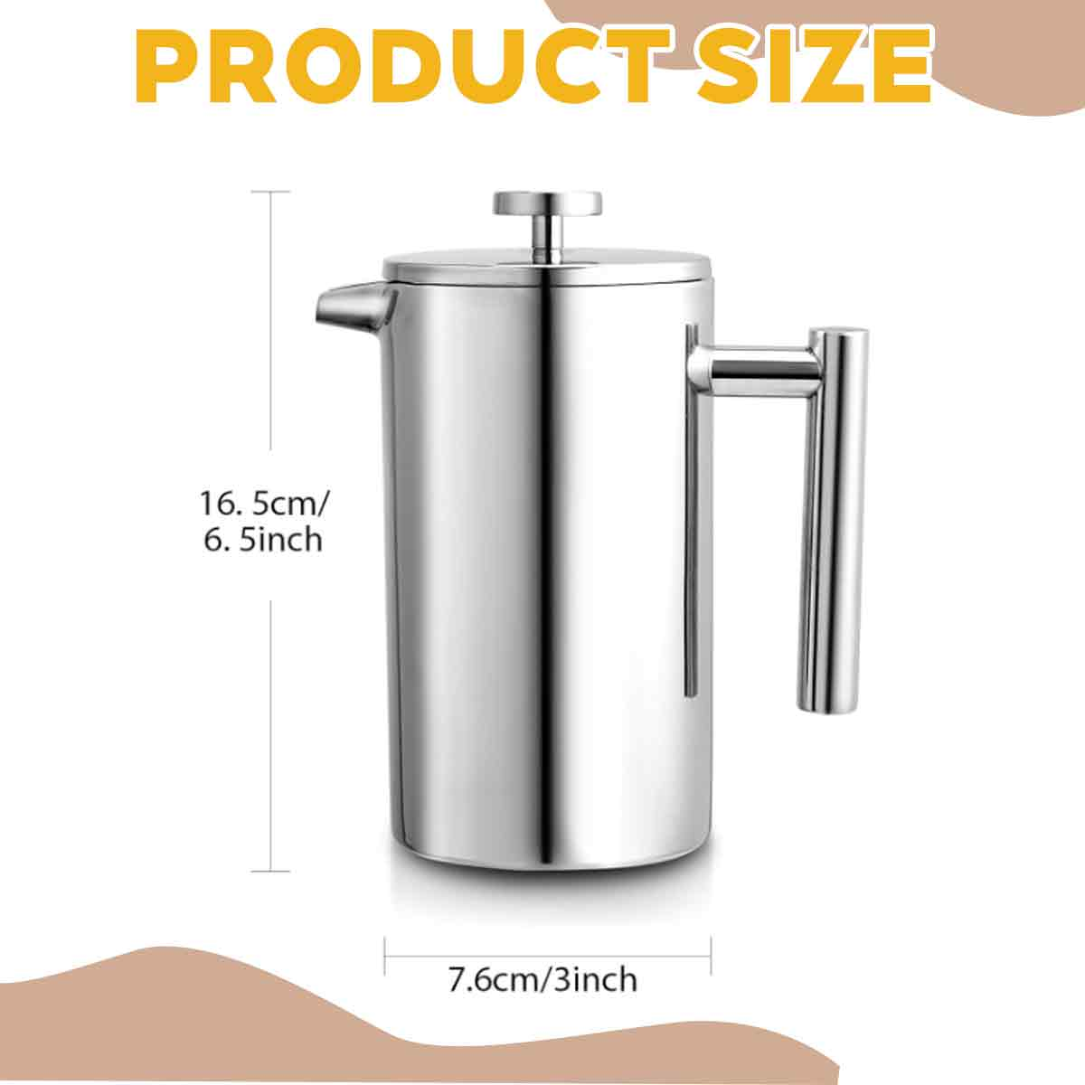 Eine französische Kaffeepresse aus Edelstahl mit den Maßen: 16,5 cm/6,5 Zoll Höhe und 7,6 cm/3 Zoll Breite. Produktgrößentext.