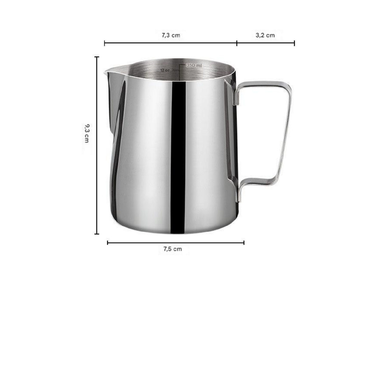 Eine Edelstahl-Milchkännchen wird mit Maßangaben gezeigt. Es hat einen Griff und eine Kapazitätsmarkierung von 350 ml/12oz.