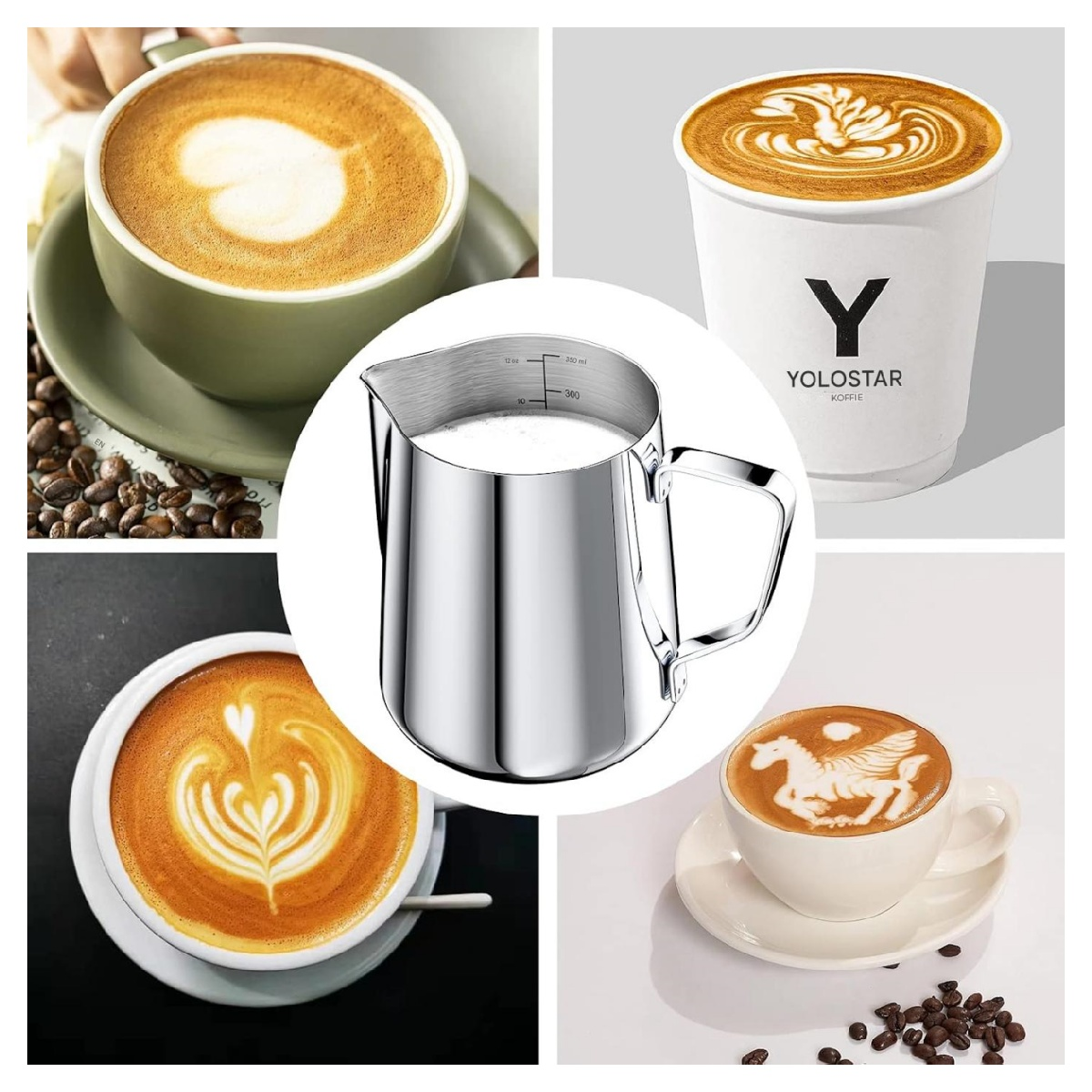 Collage von Kaffeetassen mit Latte Art, einem Milchaufschäumer und Kaffeebohnen. Designs beinhalten ein Herz und einen Pegasus.