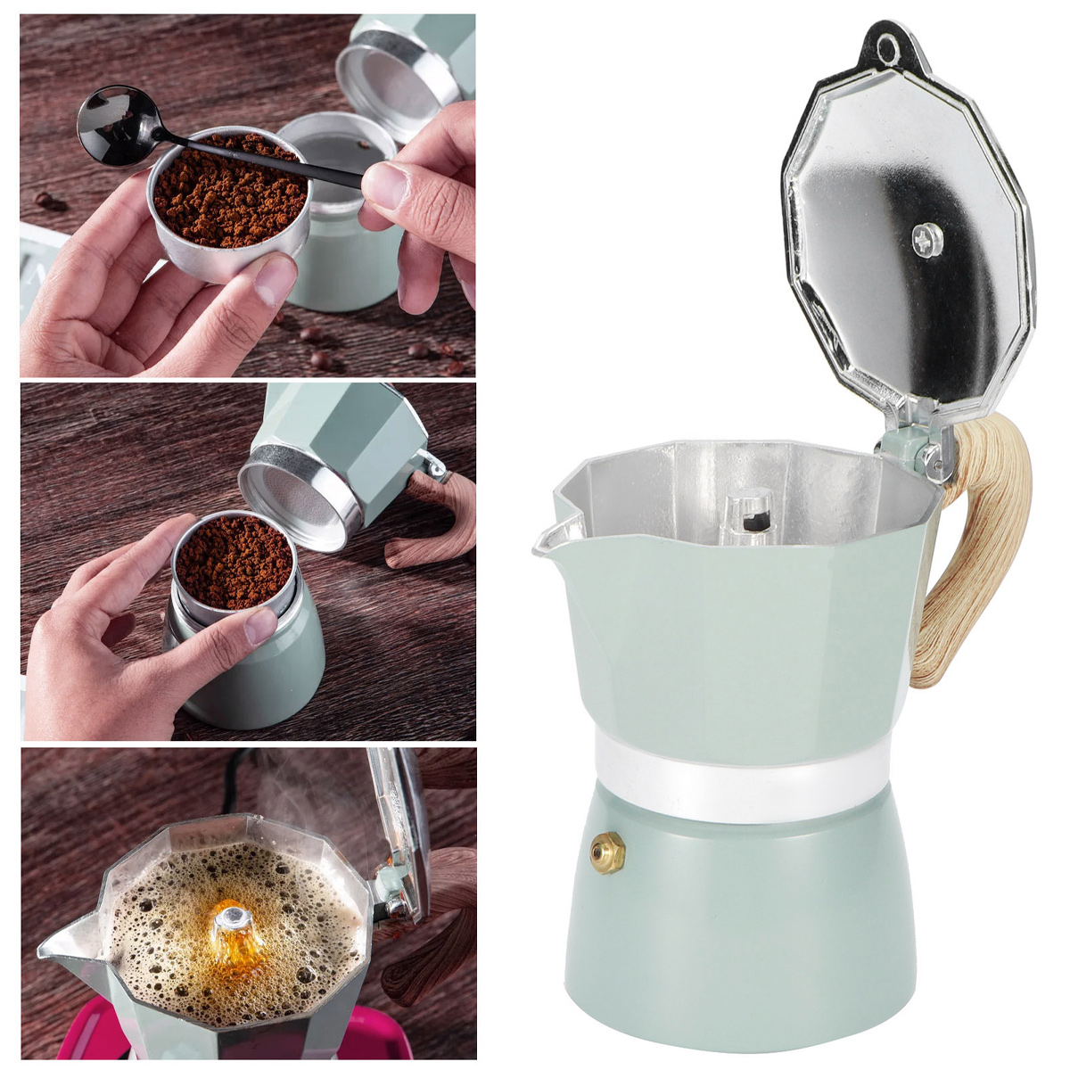 Eine mintgrüne Espressokanne wird gezeigt, bei der Kaffee zubereitet wird. Der Vorgang umfasst das Befüllen mit Kaffeemehl und Brühen.