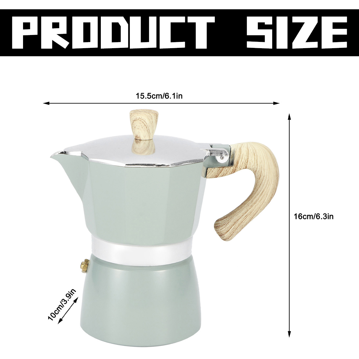 Eine mintgrüne Mokkakanne mit Holzgriff und -knauf. Der Text oben lautet 'PRODUCT SIZE' mit Abmessungen.
