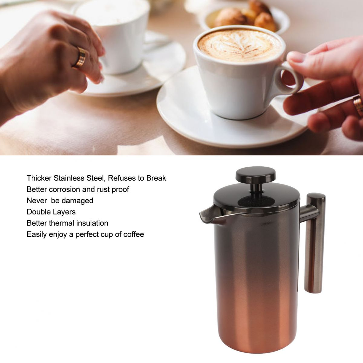 Hände halten Kaffeetassen. Eine French Press befindet sich im Vordergrund. Text: Edelstahl, korrosionsbeständig, doppelte Schichten, Wärmeisolierung.