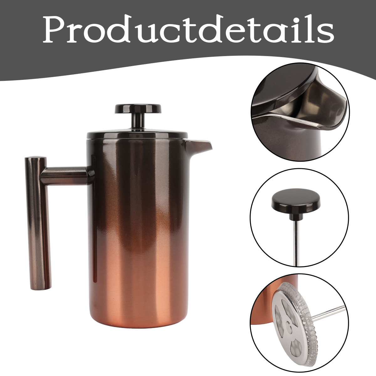 Eine bronzefarbene French Press mit Griff und Deckel. Details sind Ausguss, Kolben und Filter. Der Hintergrund ist weiß.