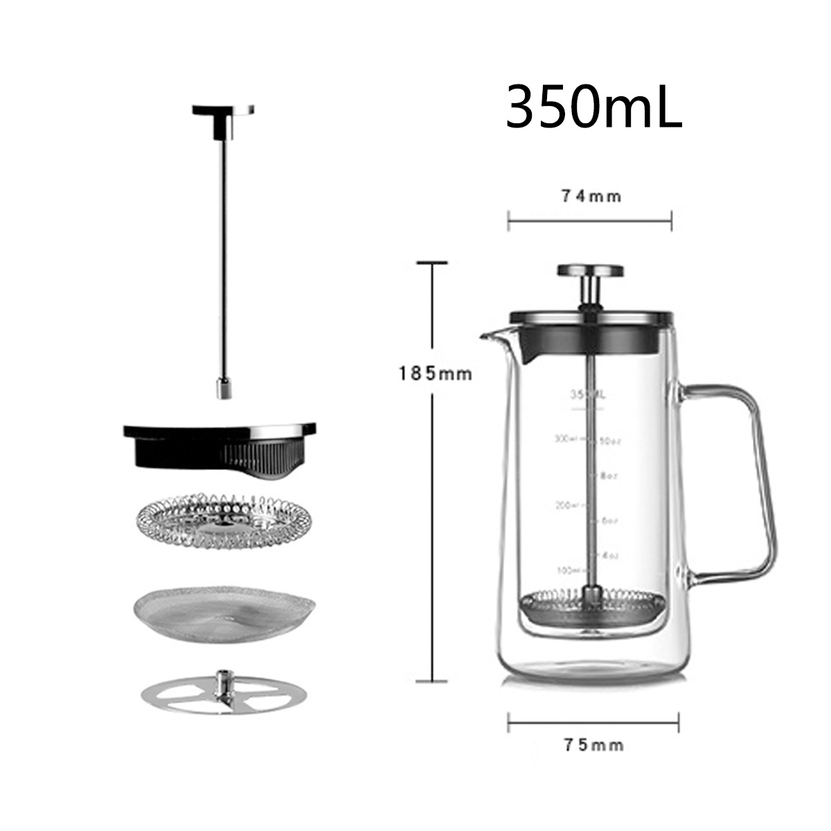 Diagramm einer zerlegten French Press. Teile sind eine Glaskaraffe, Filter, Kolben und Maße in mm und ml.