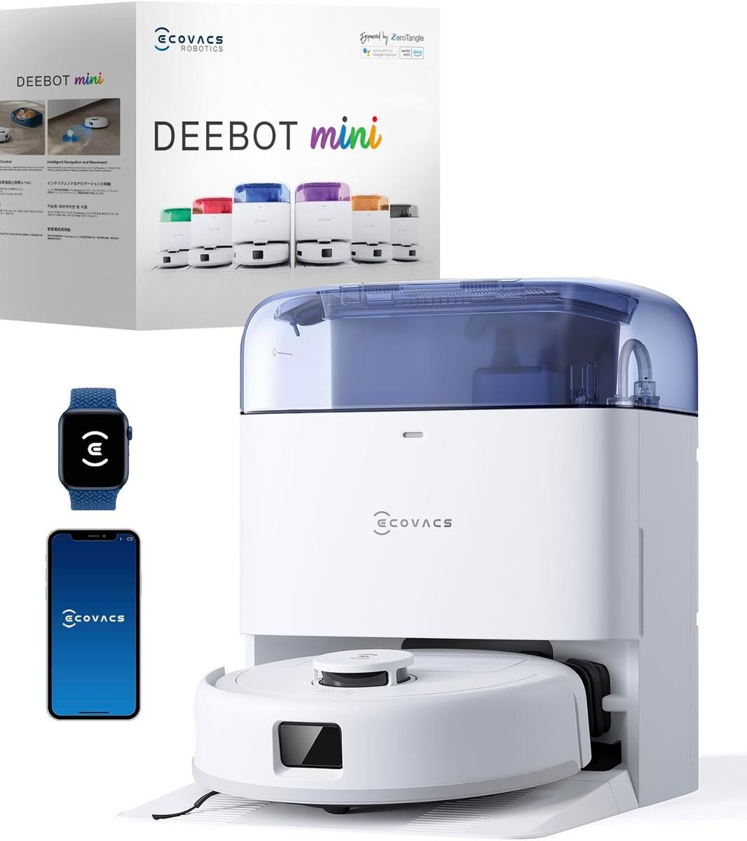 Biały odkurzacz robot DEEBOT mini ze stacją ładującą, pudełkiem, smartwatchem i telefonem, wszystkie z marką ECOVACS.