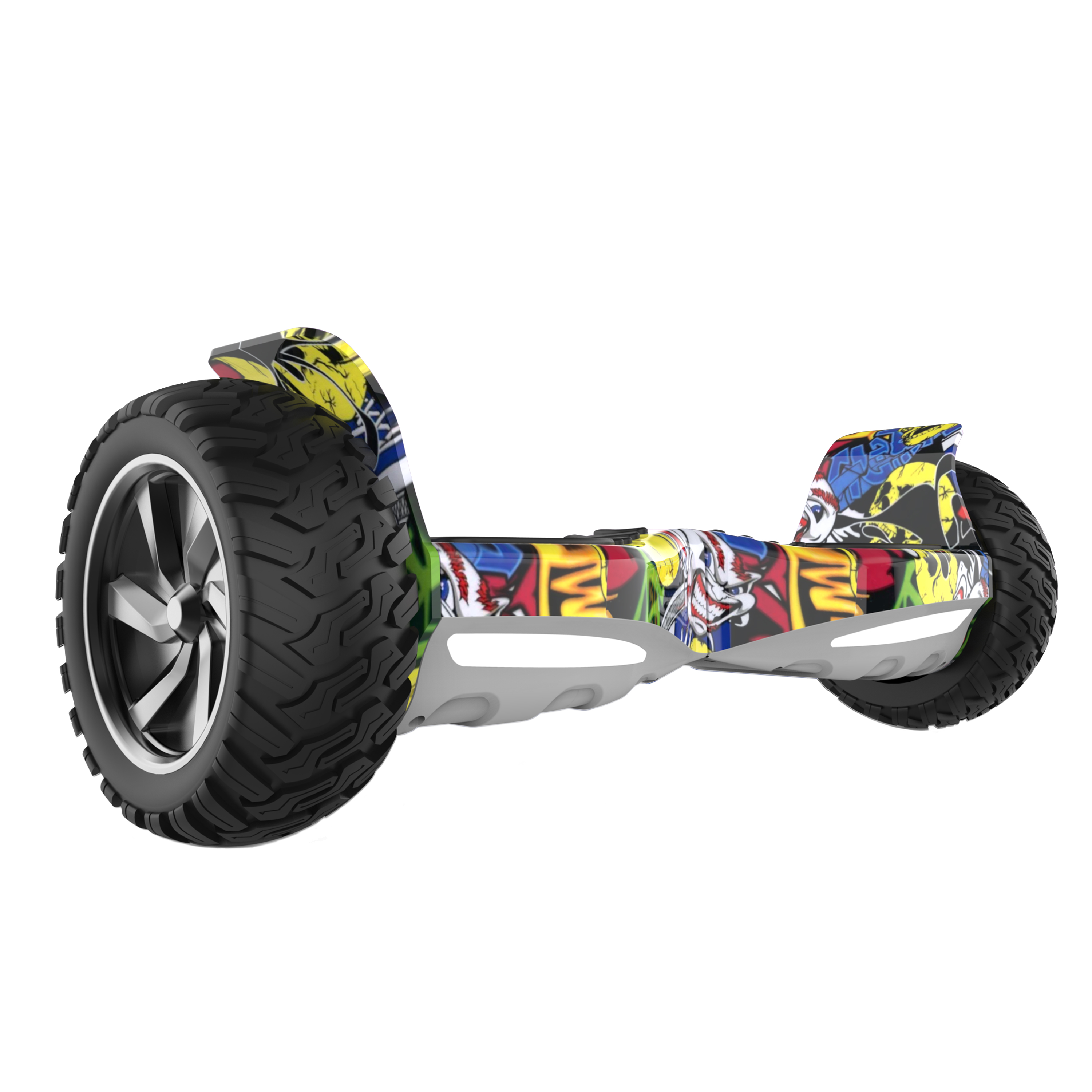 Ein buntes Hoverboard mit großen schwarzen Reifen ist vor weißem Hintergrund abgebildet.
