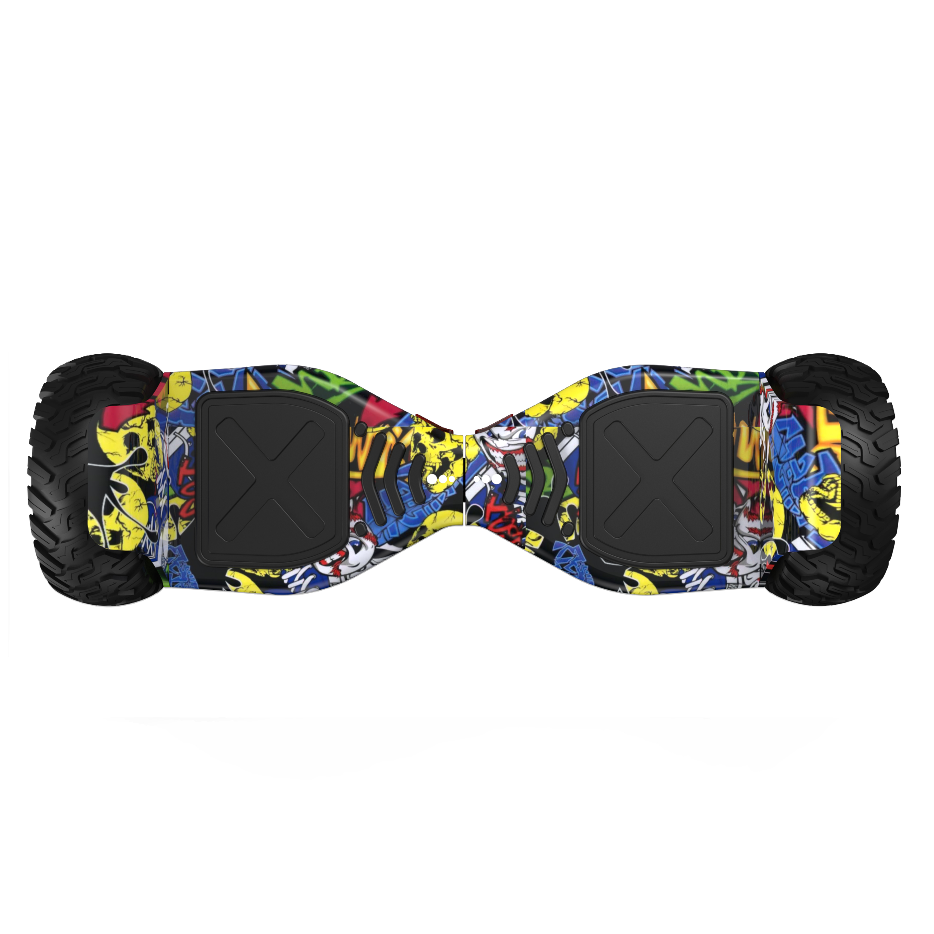 Ein buntes Hoverboard mit Graffiti-Kunst. Schwarze Räder, Trittflächen und ein weißer Hintergrund.