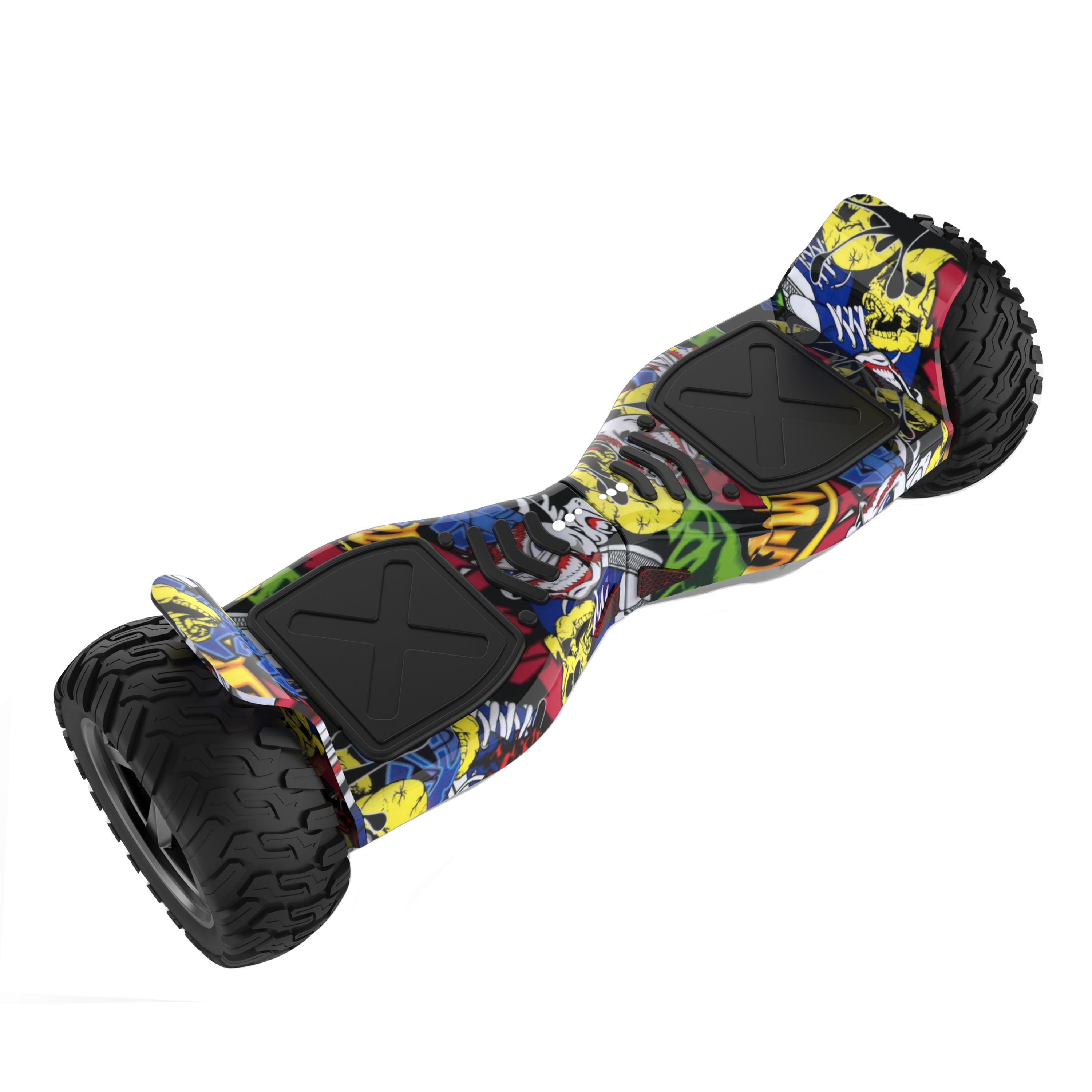 Ein farbenfrohes Hoverboard mit Schädel- und Graffiti-Designs. Schwarze Räder. Schwarze Pads oben.