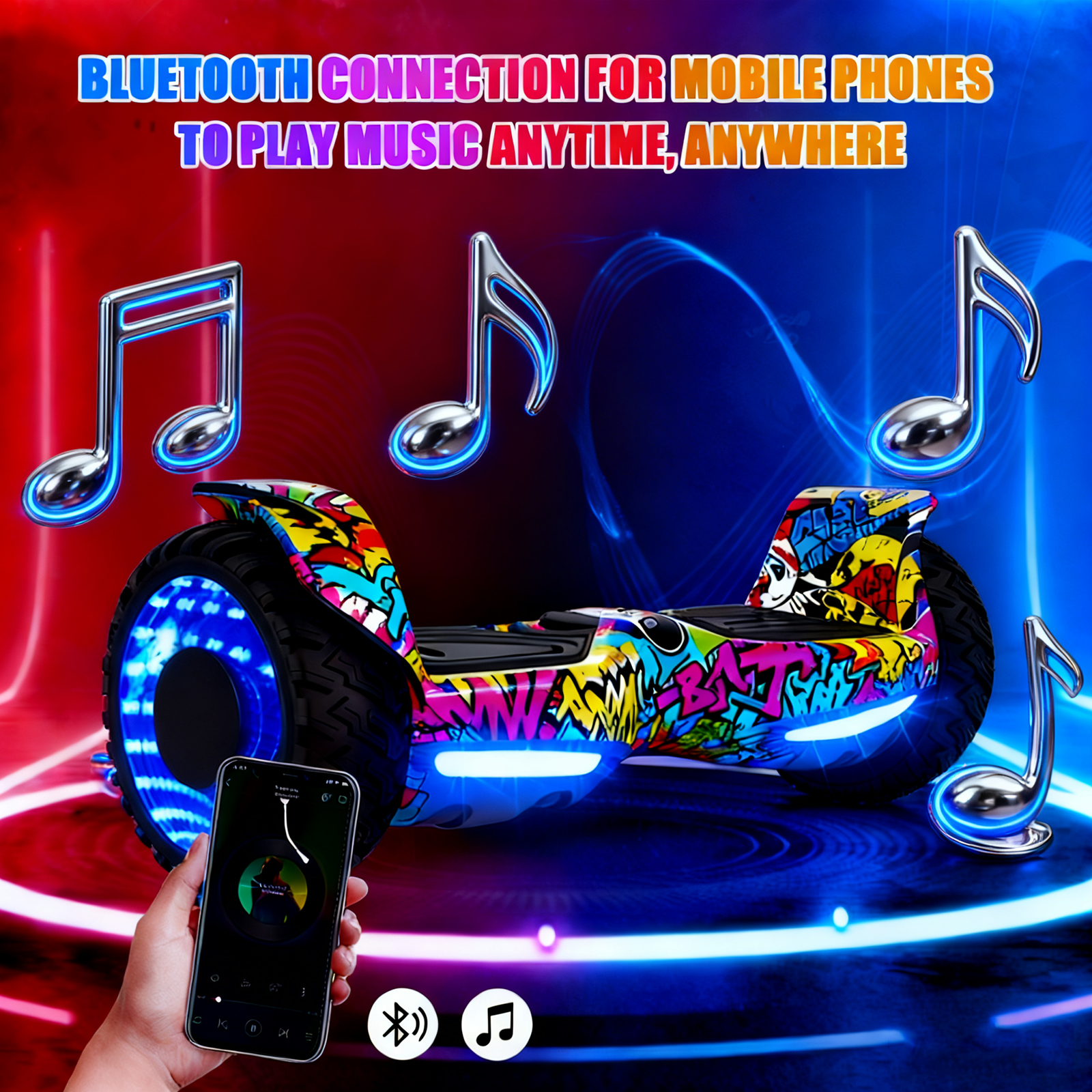 Ein Hoverboard mit Graffiti-Kunst, blauen Lichtern und Noten. Eine Hand hält ein Telefon, das Musik abspielt. Bluetooth ist das Thema.