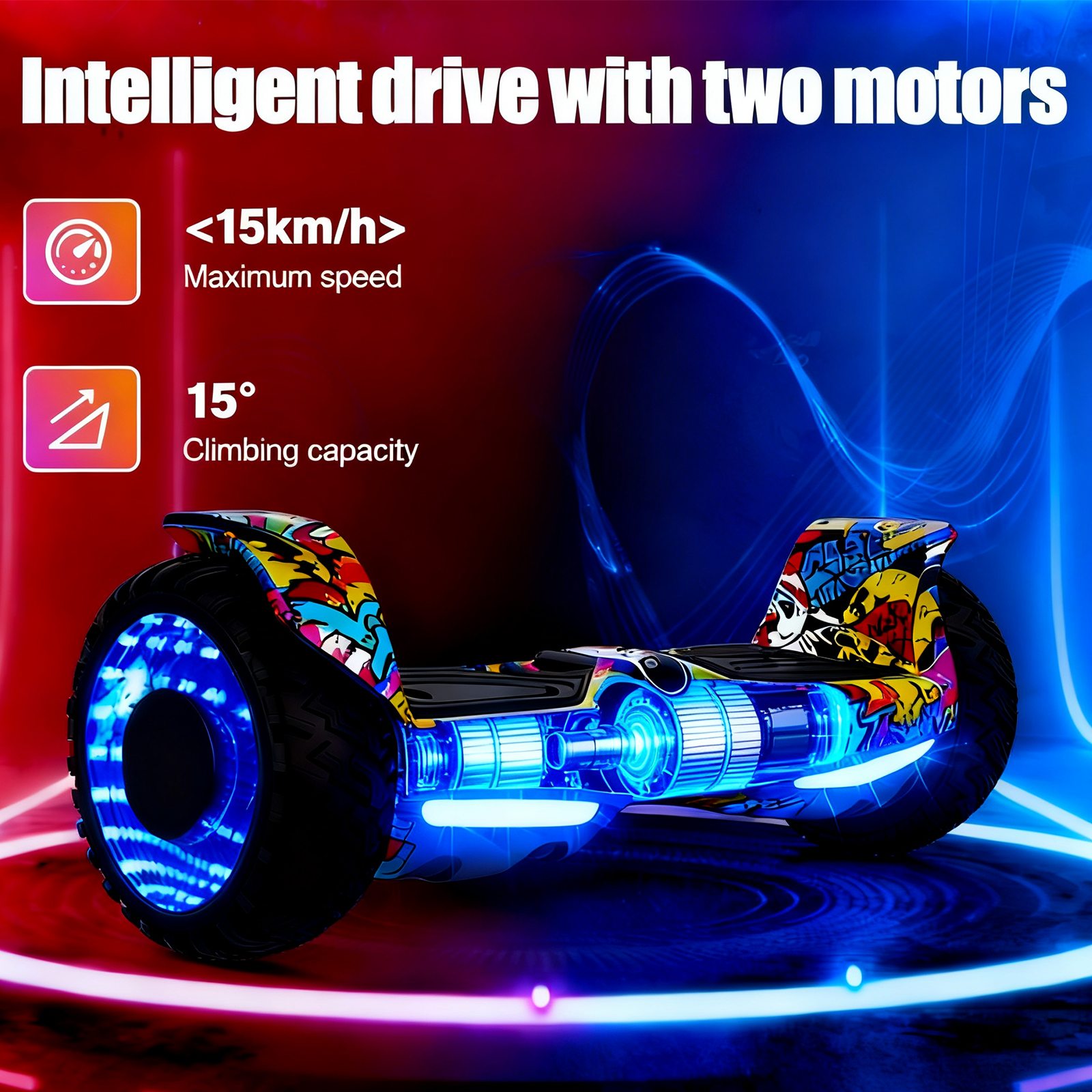 Ein Hoverboard mit blauen Lichtern an den Rädern. Text zeigt Höchstgeschwindigkeit und Steigfähigkeit. Buntes Graffiti-Design.