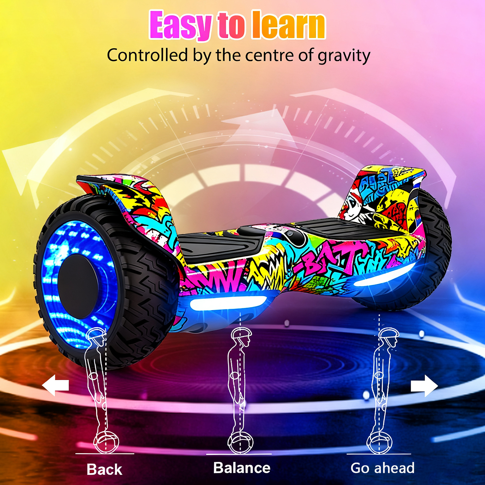 Ein farbenfrohes Hoverboard mit Graffiti-Kunst. Anweisungen zeigen Balance, Rücken und Vorwärts. Der Text 'Easy to learn' steht oben.
