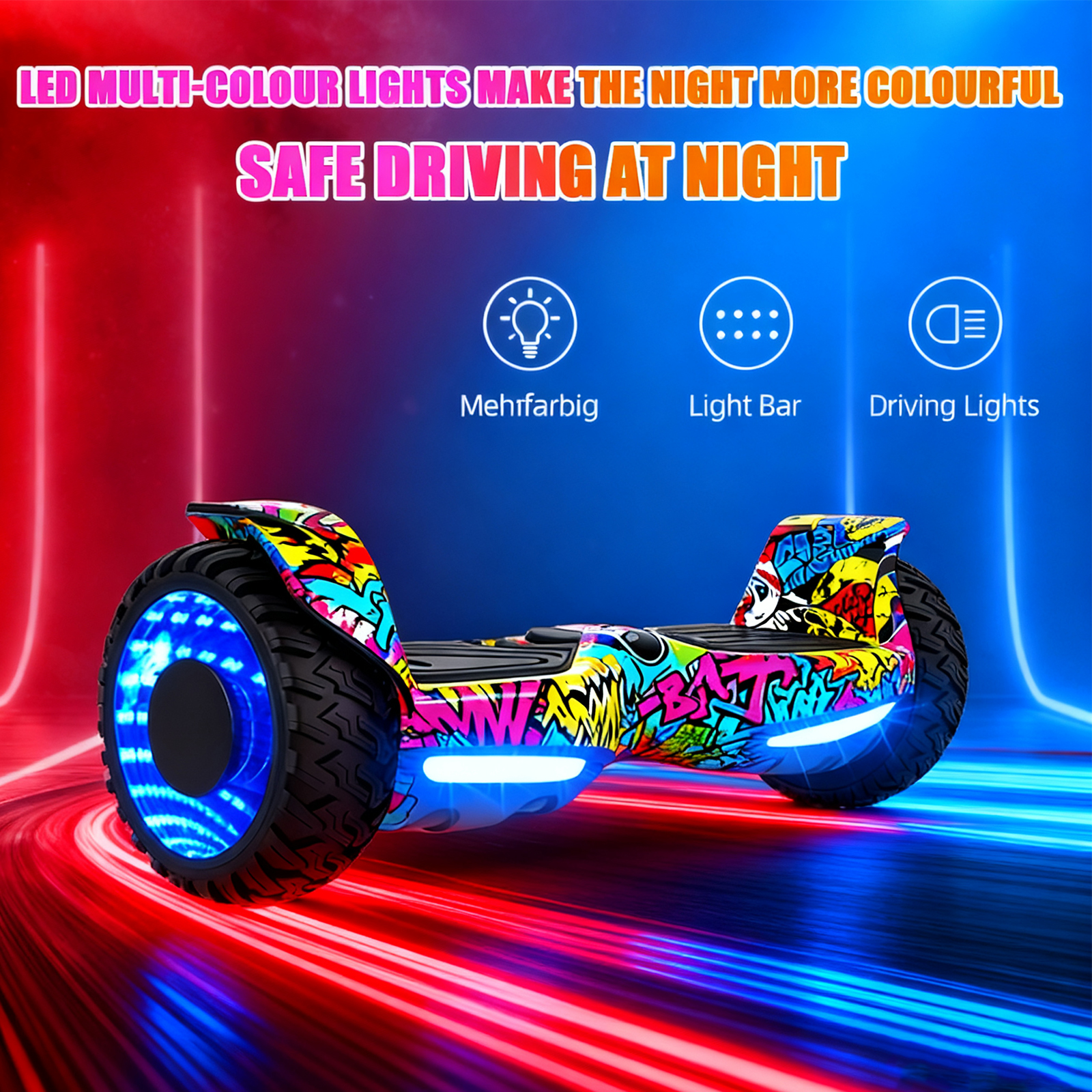 Ein farbenfrohes Hoverboard mit blau leuchtenden Rädern und Lichtern, das sicheres Nachtfahren mit mehrfarbigen Lichtern bewirbt.