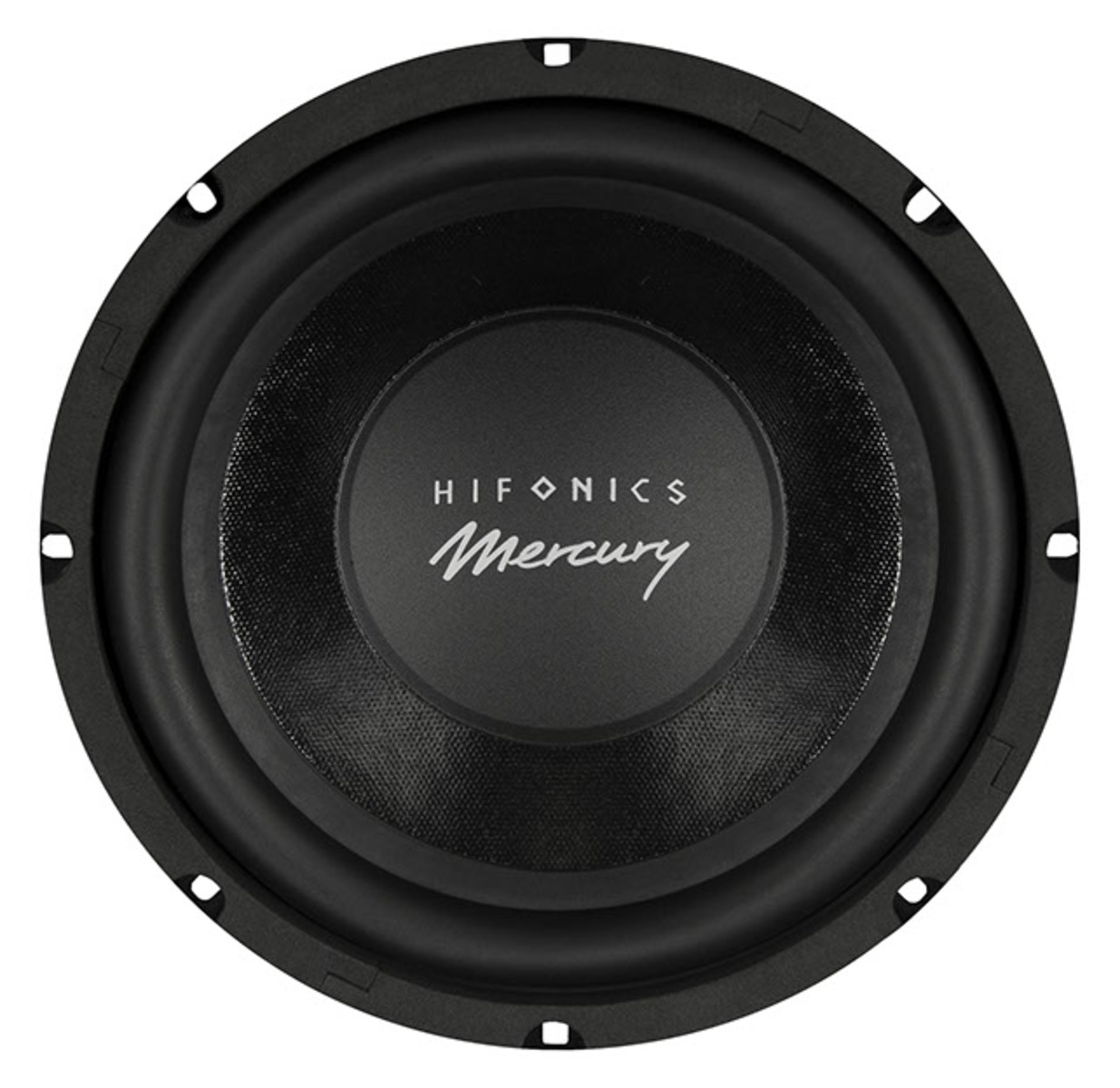 Ein schwarzer Subwoofer mit dem Markennamen 'HIFONICS Mercury' in Weiß. Der Lautsprecher ist kreisförmig, mit mehreren Schichten und einem Mesh-Center.