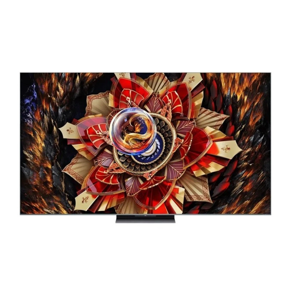 Ekran telewizora z czerwono-złotym kwiatowym wzorem. Szklana kula ze smokiem w środku.