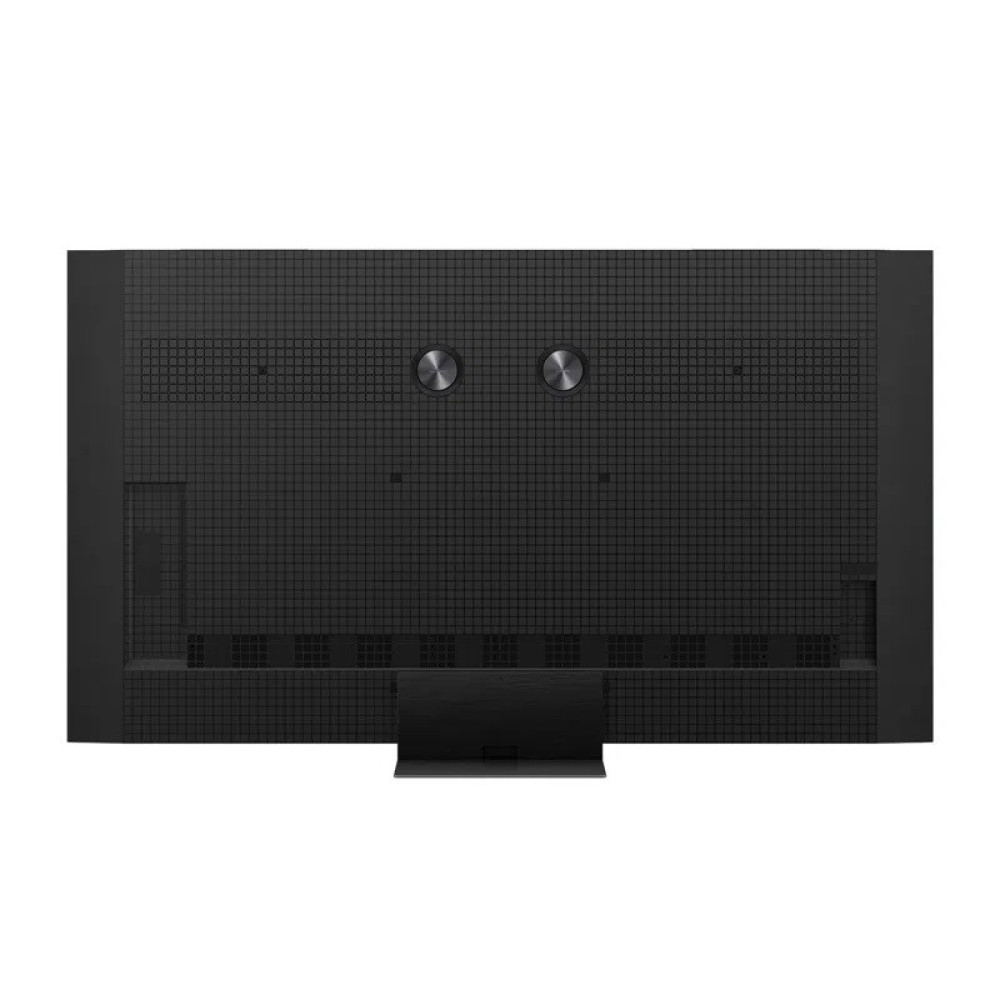 Widok z tyłu dużego, czarnego, prostokątnego telewizora. Dwa srebrne, okrągłe akcenty znajdują się w pobliżu górnego środka. Ekran ma wzór kratki.