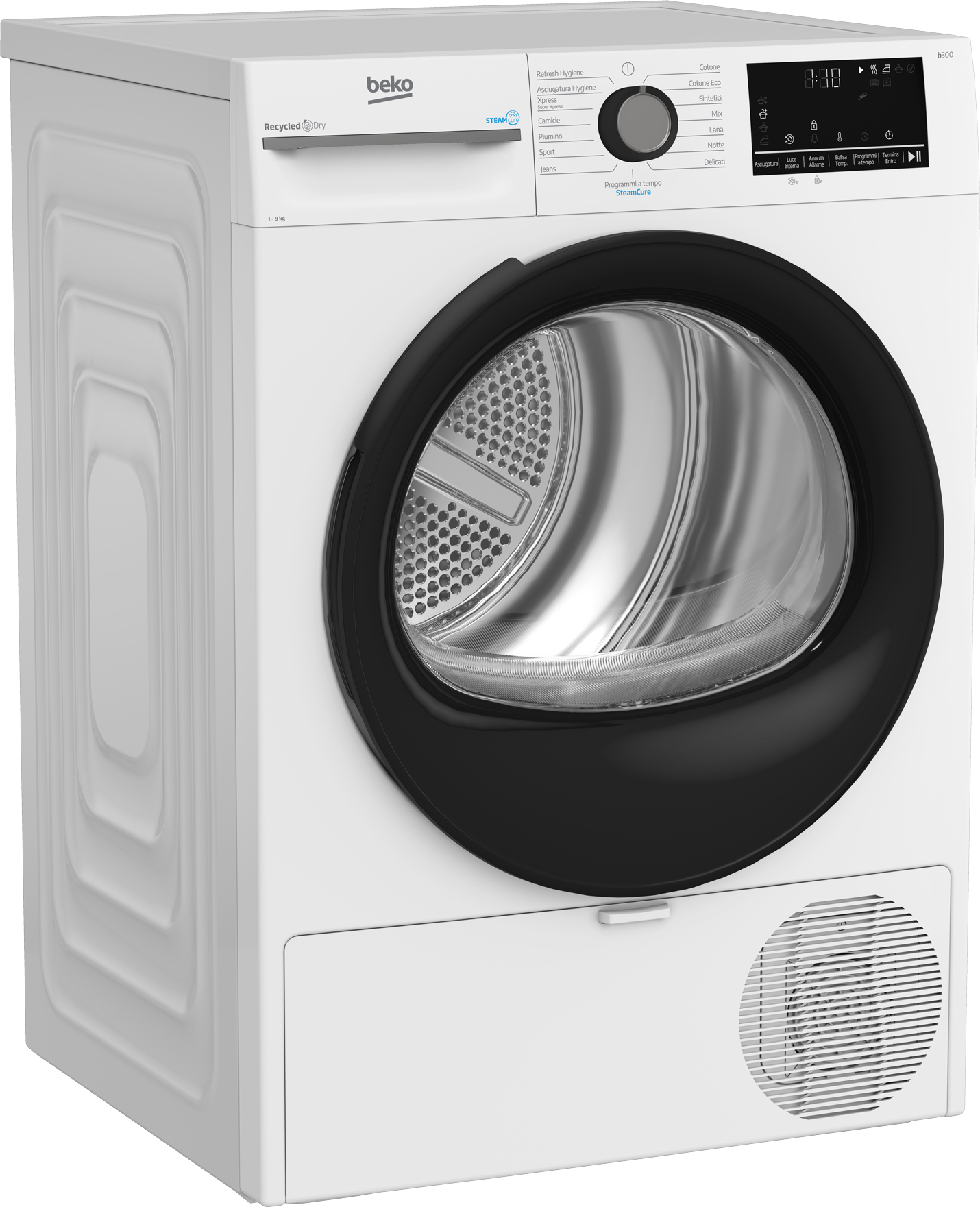 Un'asciugatrice Beko bianca con porta nera. Ha un pannello di controllo e un display digitale.