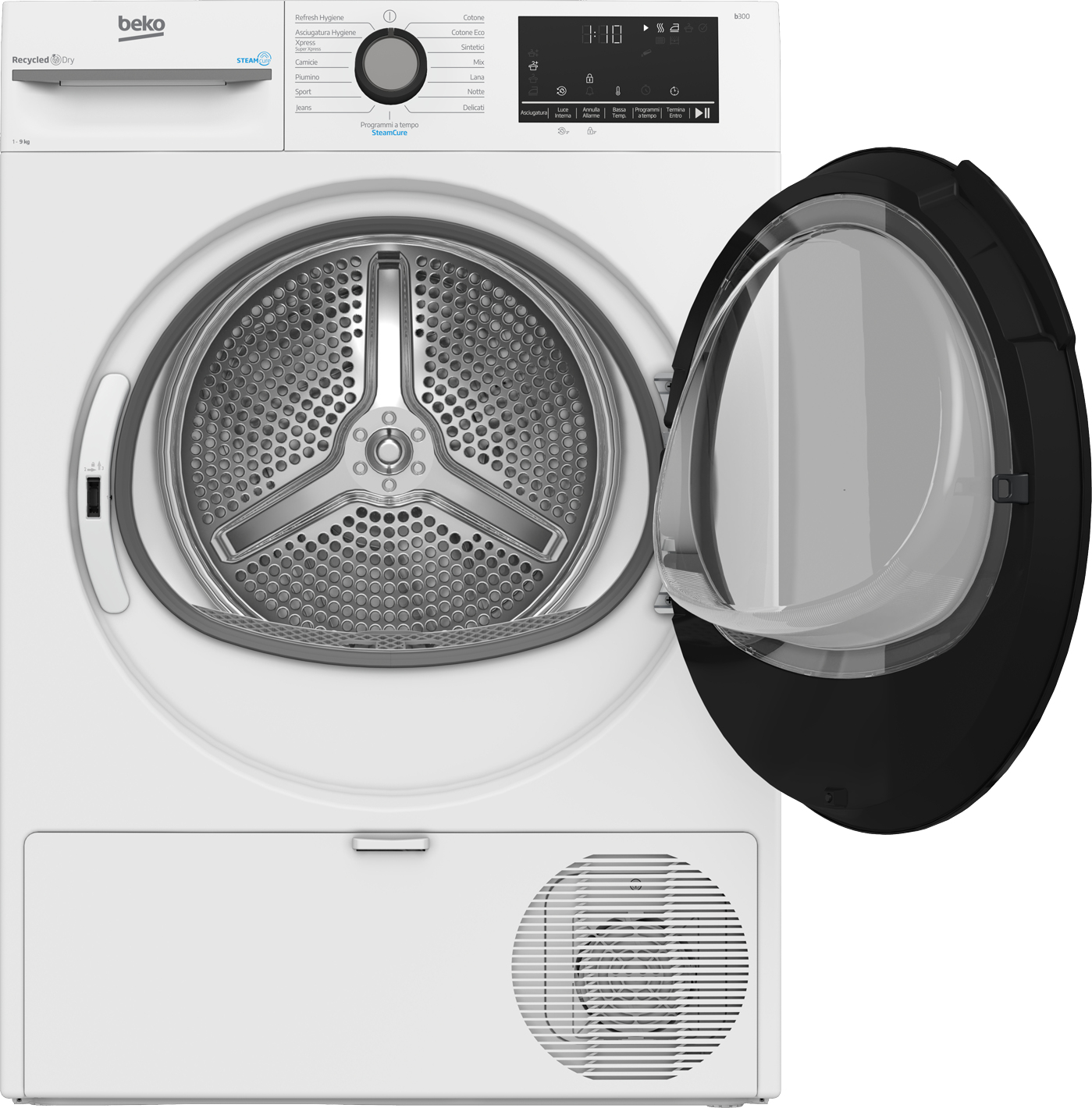 Un'asciugatrice Beko bianca con la porta aperta. Il tamburo interno è visibile. Comandi e display in alto.