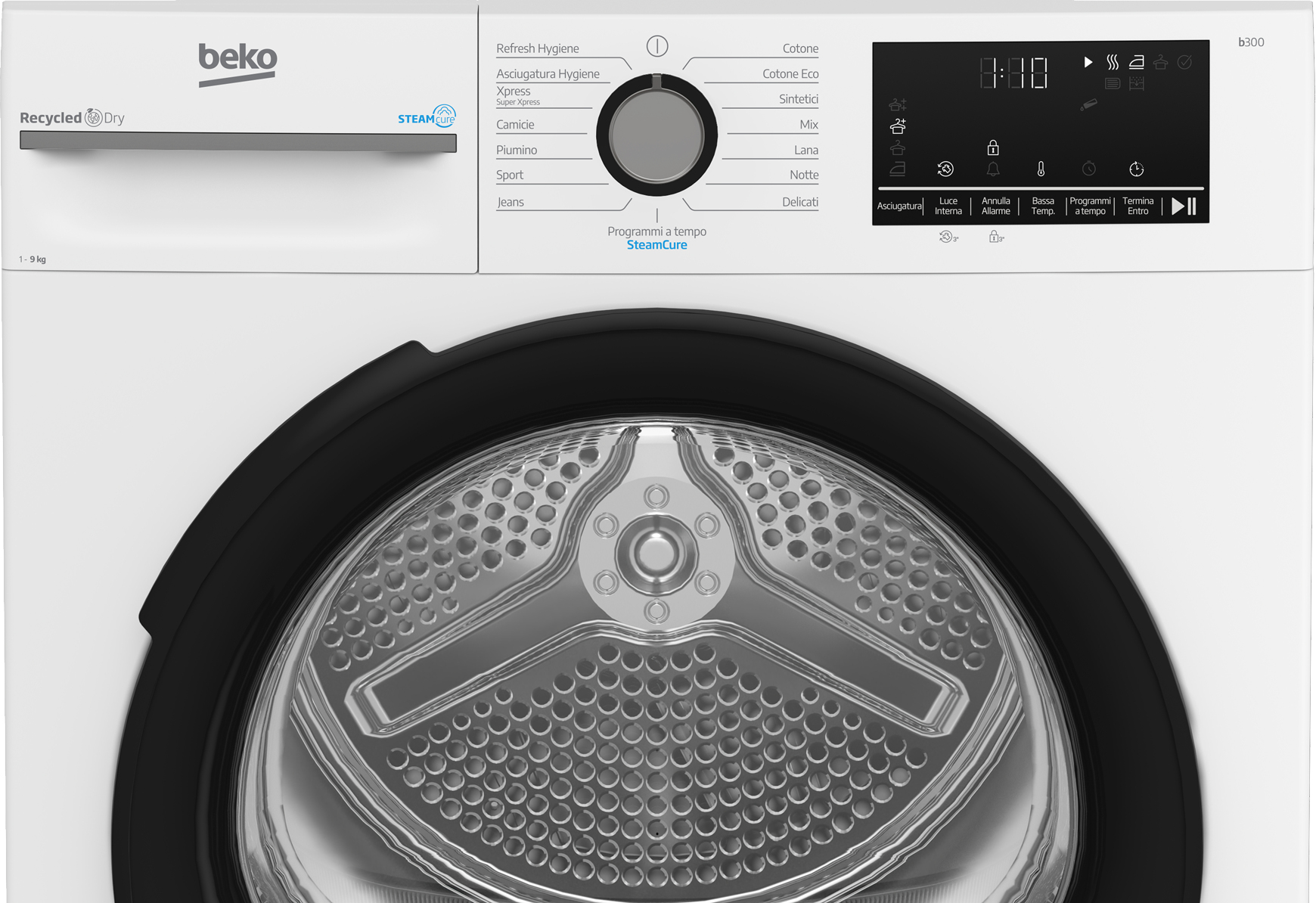 Un'asciugatrice Beko bianca con porta nera. Ha un pannello di controllo, una manopola per le impostazioni e un display digitale.
