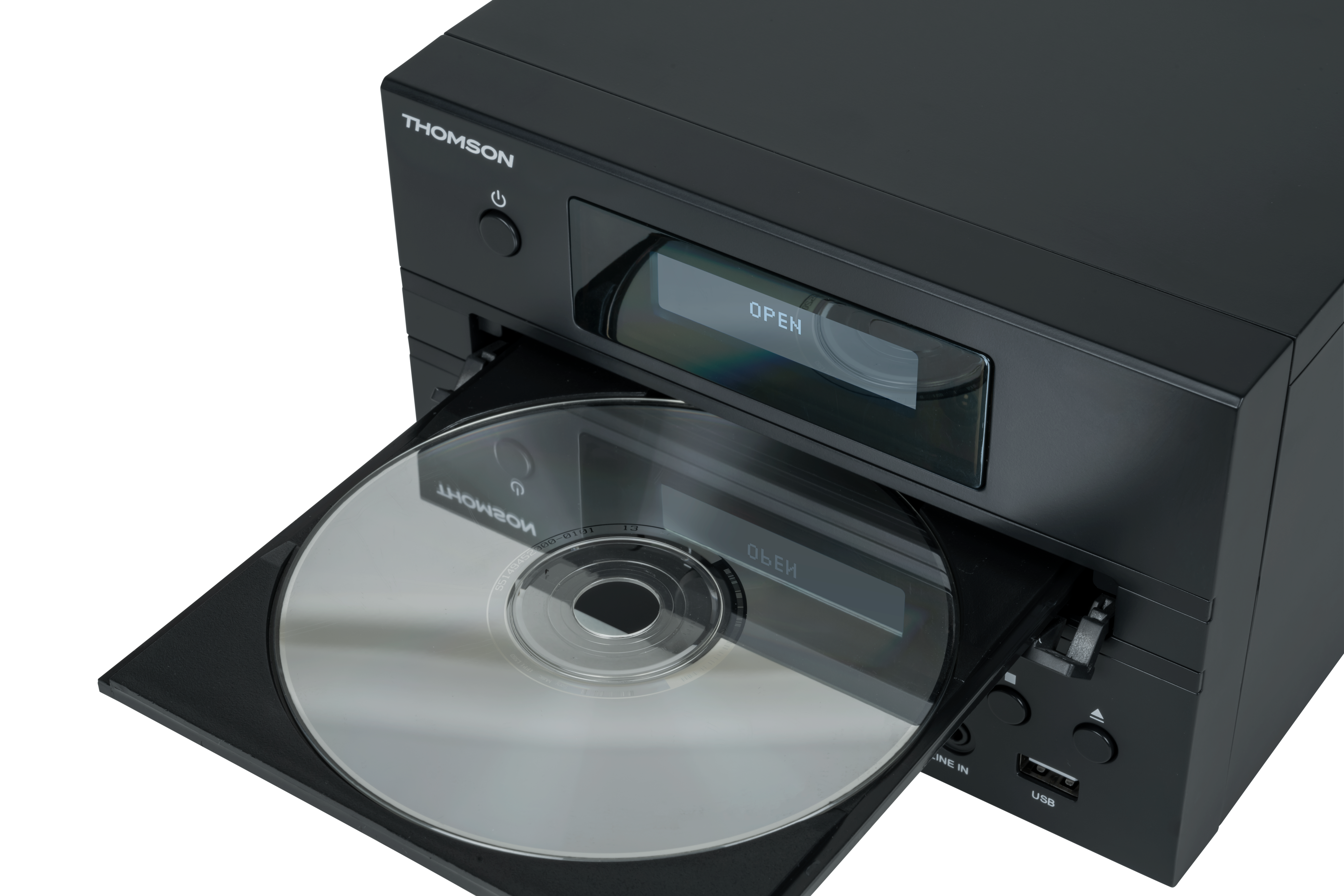 Schwarzer Thomson CD-Player mit geöffnetem Fach, das eine Disc zeigt. Der Bildschirm zeigt 'OPEN'.
