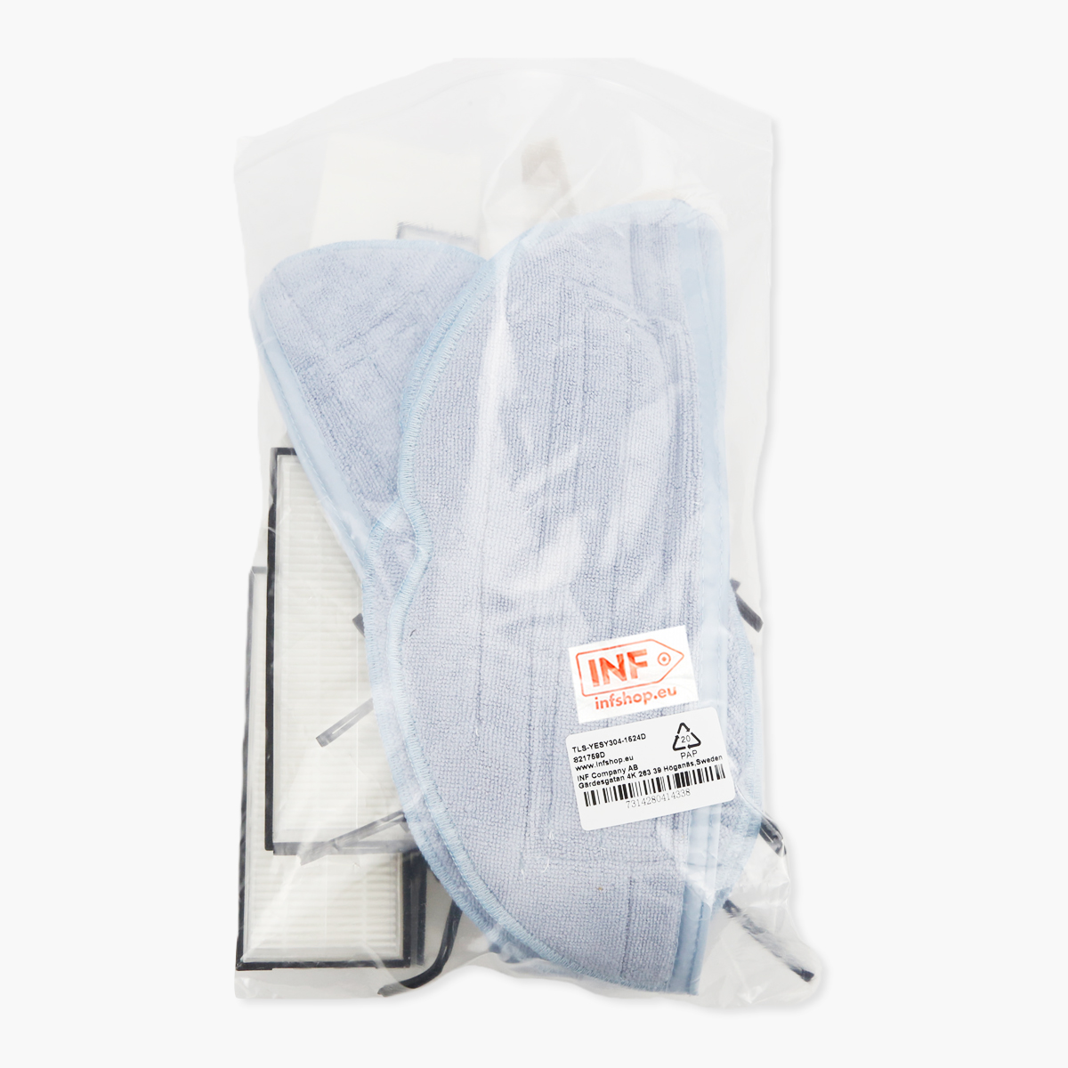 Opakowanie zawierające niebieskie pady do czyszczenia i filtry w przezroczystej plastikowej torbie, na białym tle.