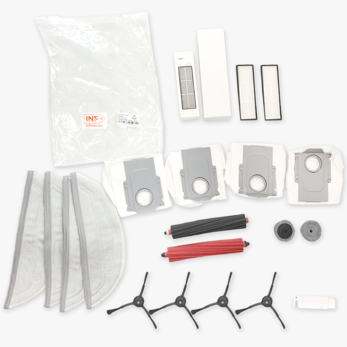 Akcesoria do odkurzacza, w tym filtry, szczotki i nakładki czyszczące, ułożone na białej powierzchni.