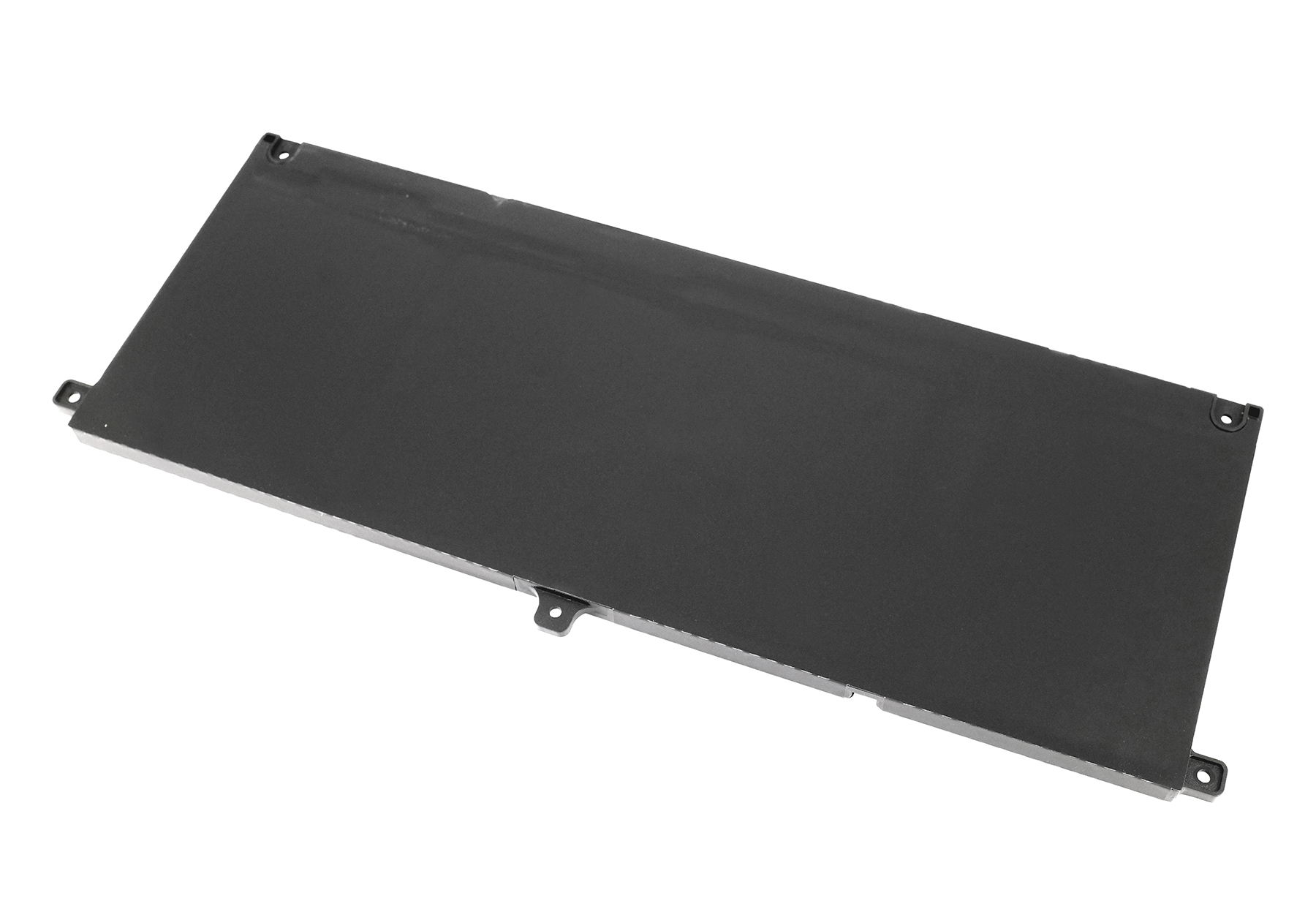 Un componente rettangolare grigio scuro della batteria del laptop con bordi arrotondati e diversi fori di montaggio su sfondo bianco.