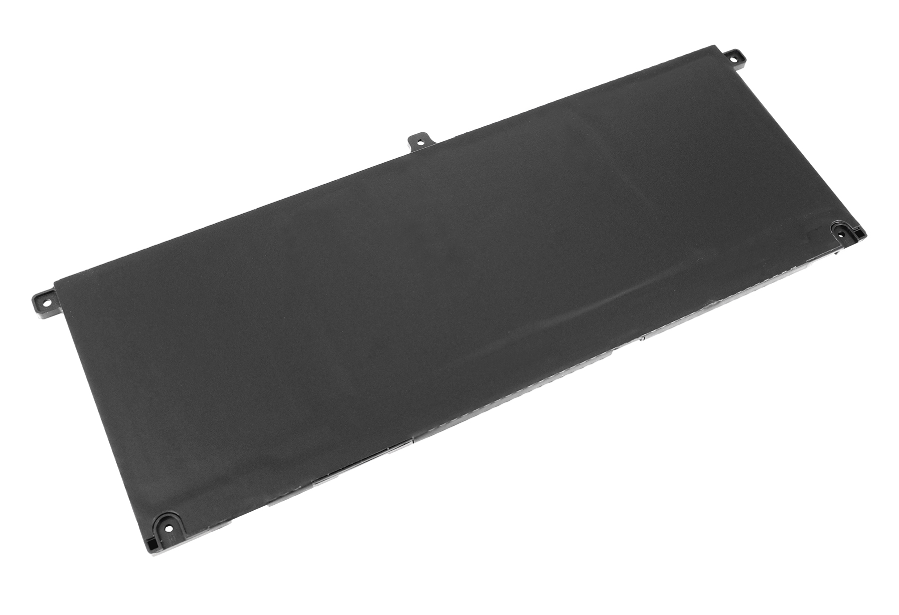 Una batteria rettangolare nera per laptop su sfondo bianco, con piccoli fori di montaggio sui bordi.