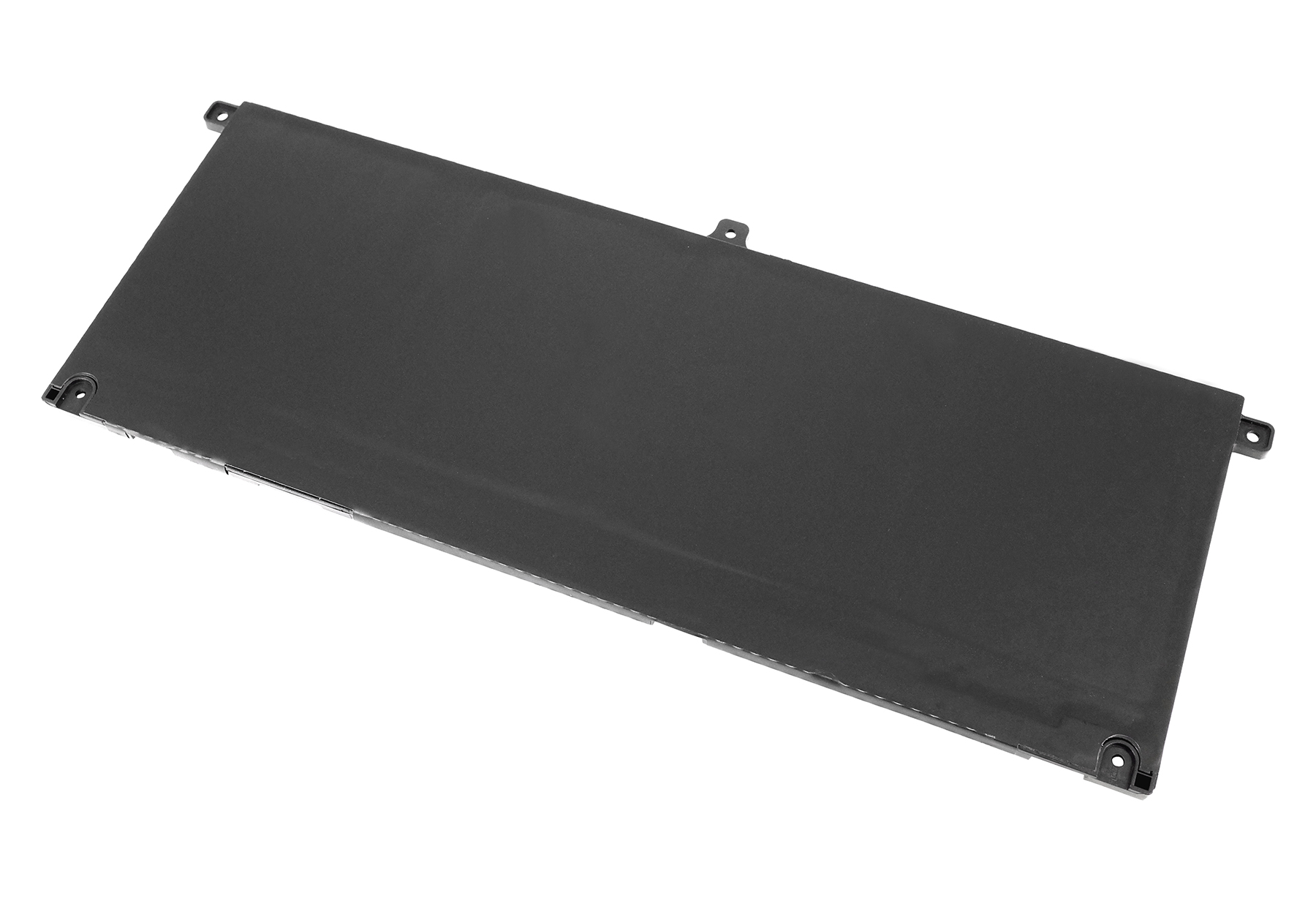 Una batteria rettangolare nera per laptop su sfondo bianco, con fori di montaggio.