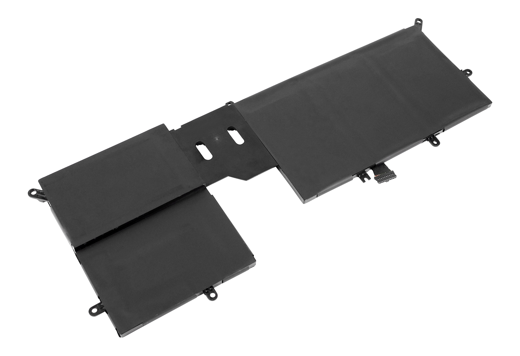 Una batteria nera per laptop con più sezioni rettangolari e connettori, su sfondo bianco, isolata.