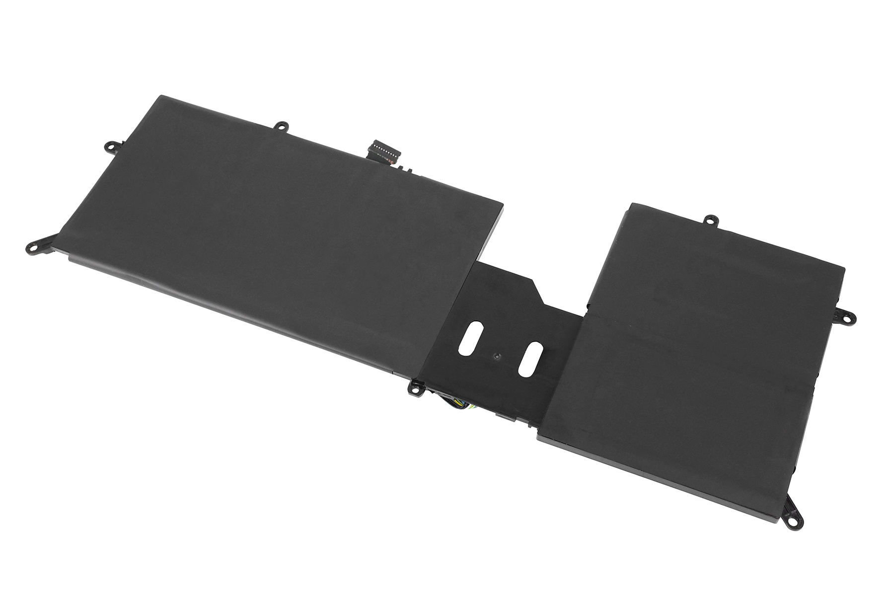 Un pacco batteria per laptop, componenti rettangolari neri collegati da una cerniera, con sfondo bianco.