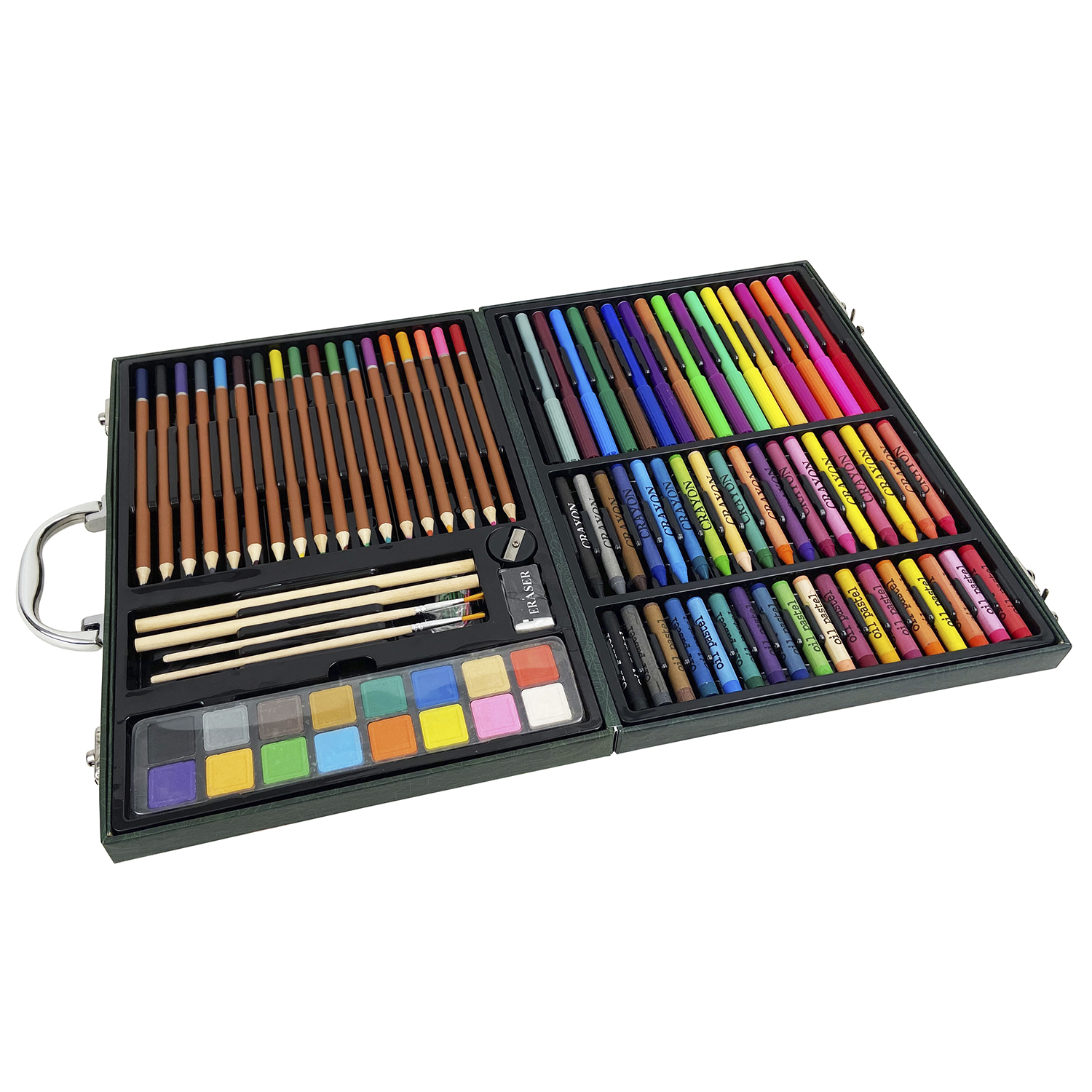Kit artistico aperto con matite, pennarelli, pastelli, acquerelli, pennelli e gomma, tutto ben organizzato.