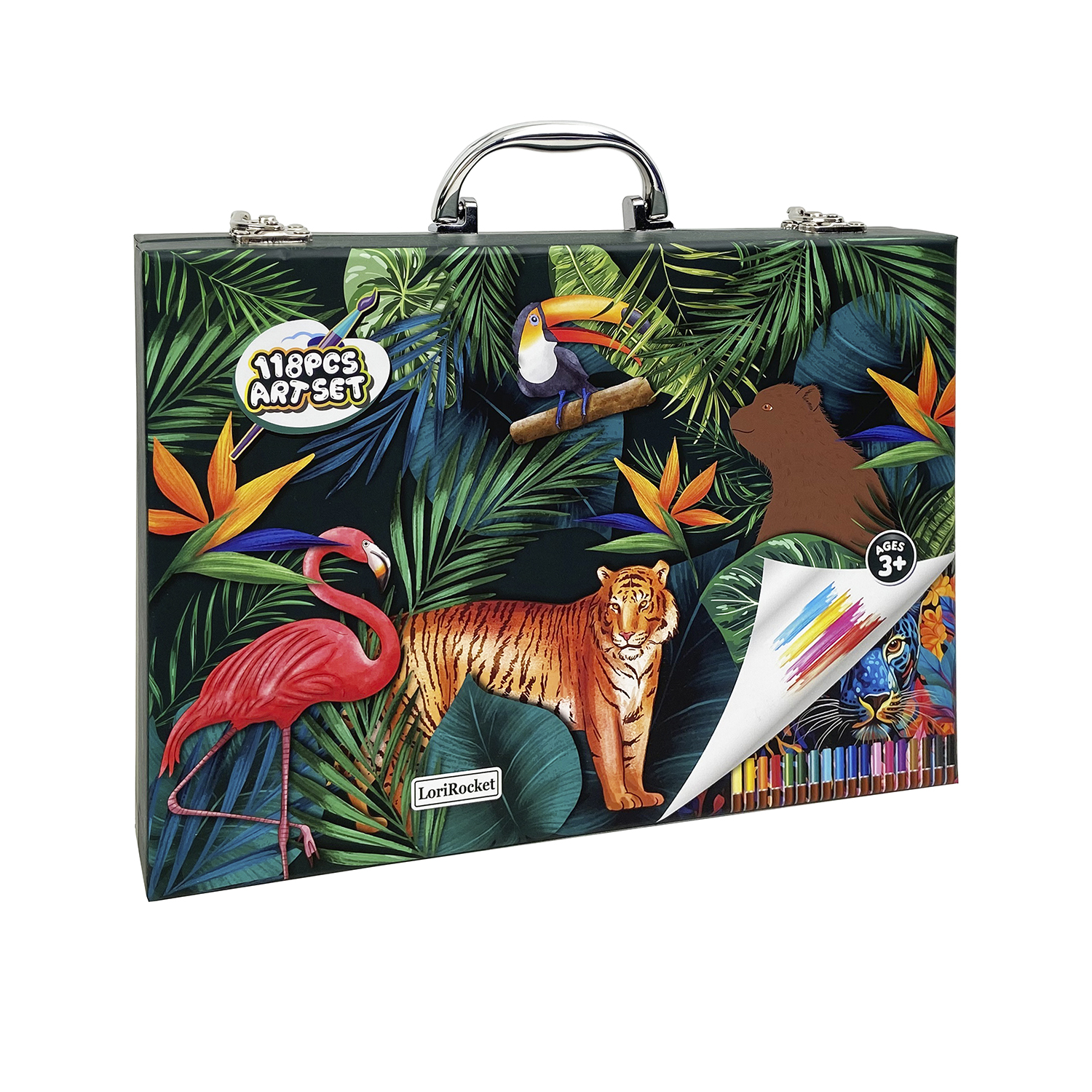 Valigetta per set artistico con design tropicale, con fenicottero, tigre, tucano e orso. La valigetta ha anche una maniglia e il disegno di una tigre colorata.