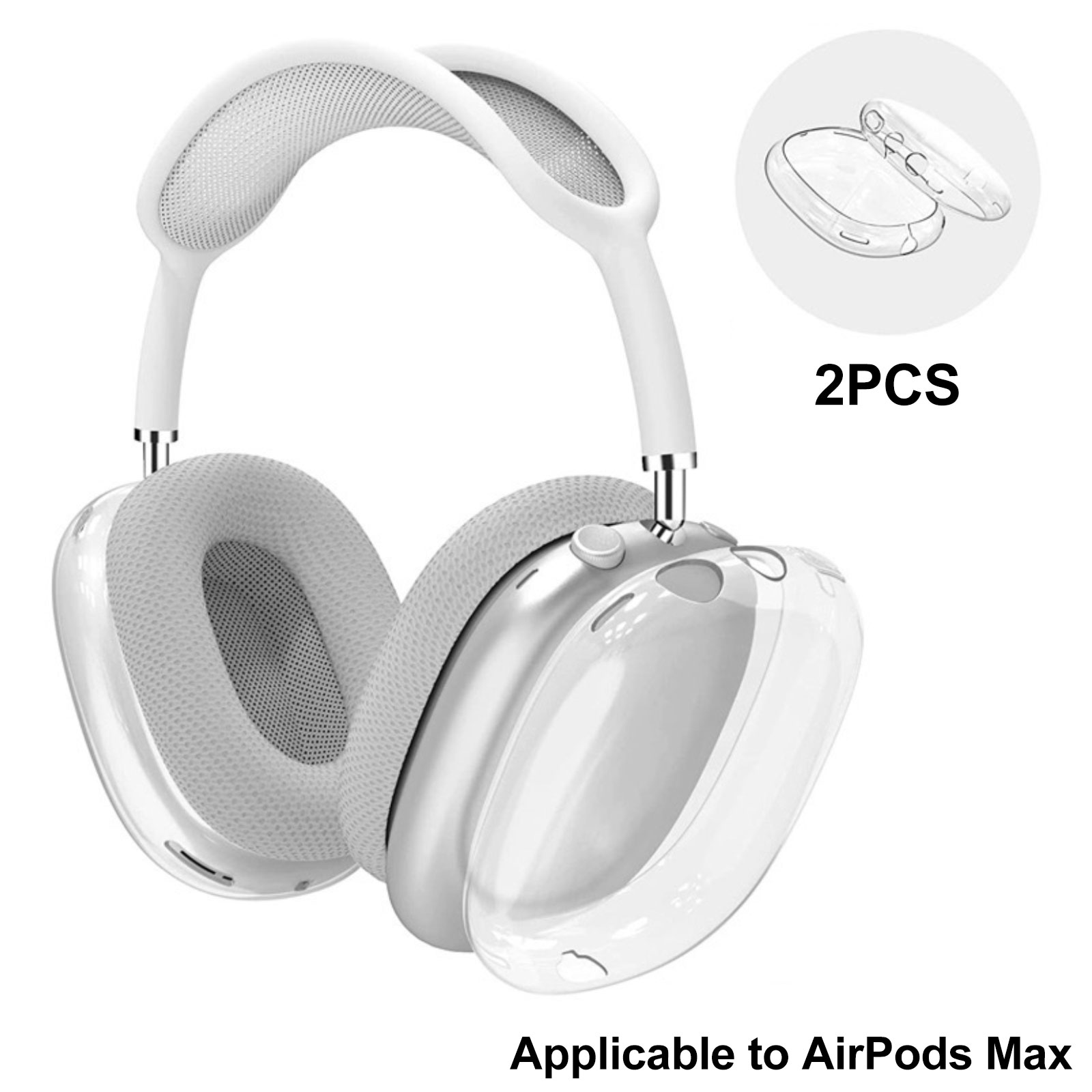 Weiße AirPods Max-Kopfhörer mit transparenten Schutzhüllen. Text: 'Geeignet für AirPods Max'.